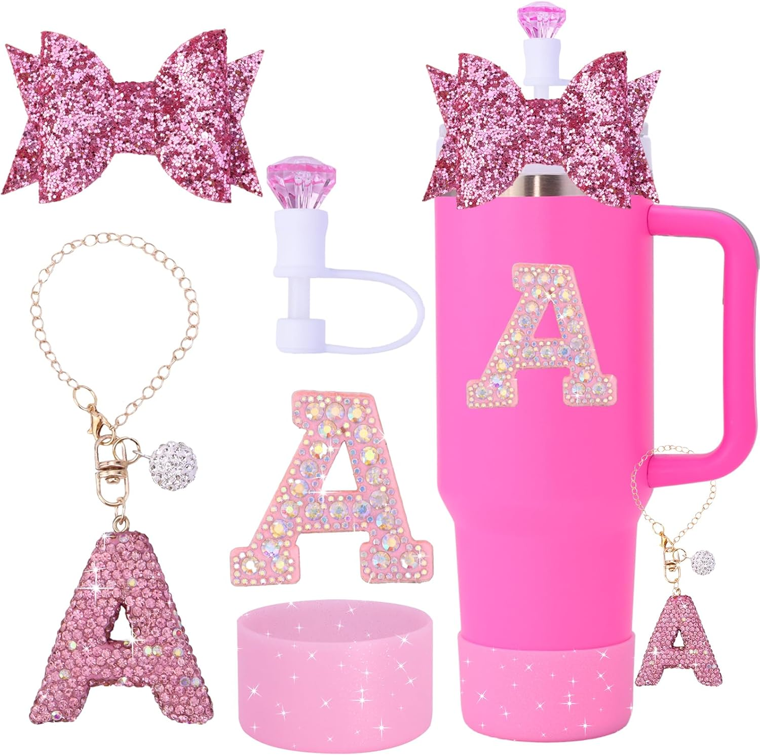 5Pcs Stanley Cup Accessories Set,Letter Charm for Stanley Cups,Including Diamond Straw,Bow Straw,Sparkly Silicone Boot for Stanley Cup 30Oz&40Oz(A) - C image number 4