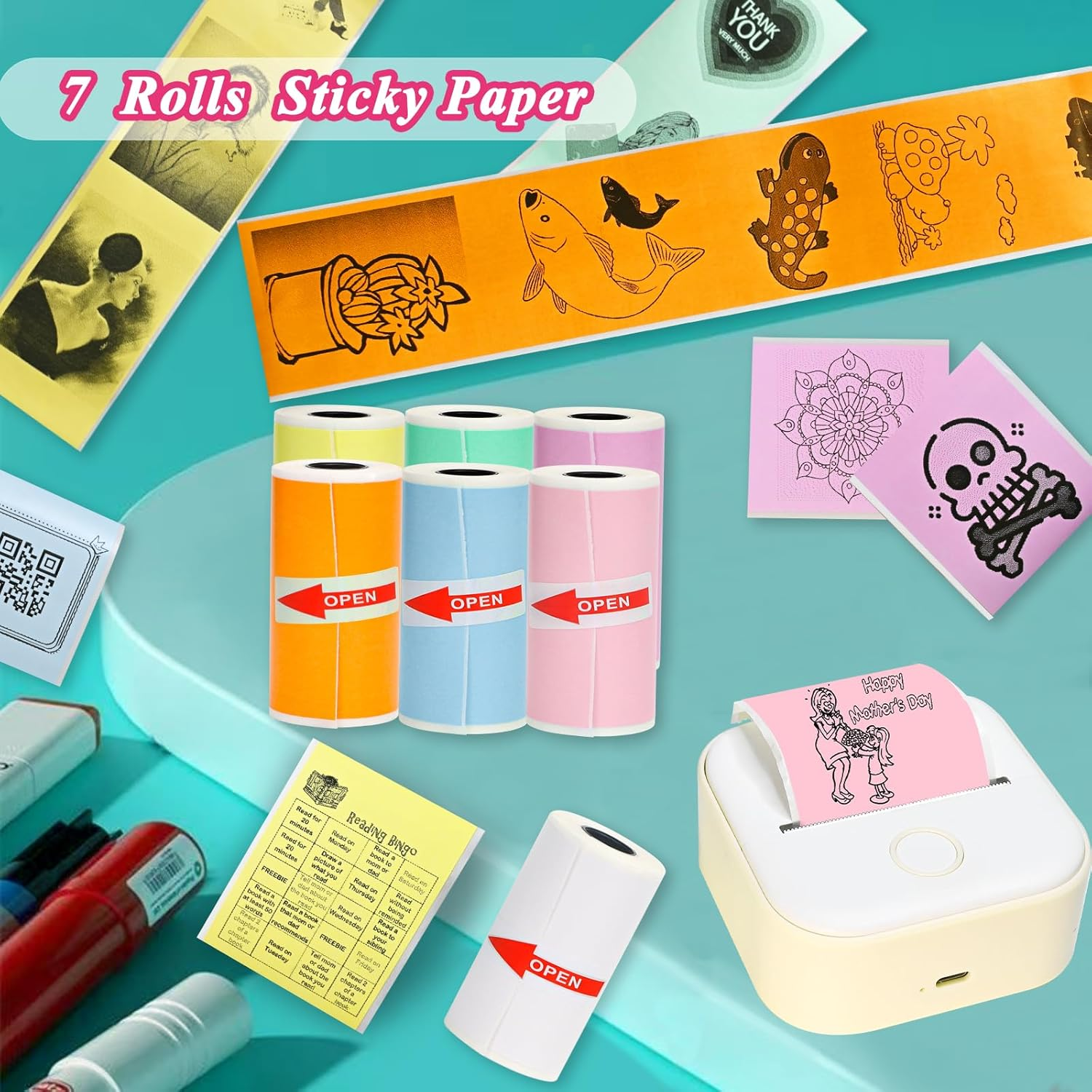 7 Rolls Mini Printer Sticker Paper 53X28Mm for Phomemo T02/M02/M02S/PRO Mini Printers, 3.75M Mini Colorful Self-Adhesive Thermal Sticker Paper for Study Notes, Journals, Photos image number 4