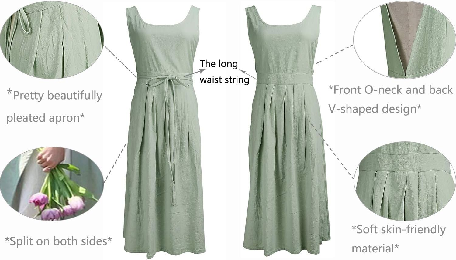 Women Girls Vintage Pleated Split Apron V Neck Gardening Works Cotton Overall Smock Pinafore Dress - Green image number 3