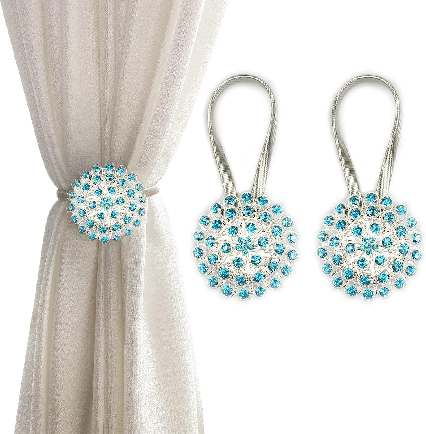 Magnetic Tiebacks for Curtains, 2 Pack Sparkling Crystal Flower Curtain Tiebacks Curtain Buckle Clips with High-Elastic Spring Wire for Home Office Decoration (Yellow)