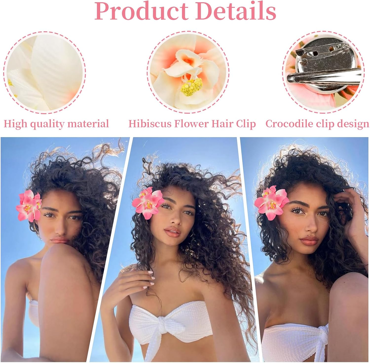 Charmburst Pack of 4 Hawaiian Flower Hair Clips, Artificial Tropical Hair Clips, Hibiscus Comb Clips, Beach Holiday, Party, Boho Hair Accessories image number 1