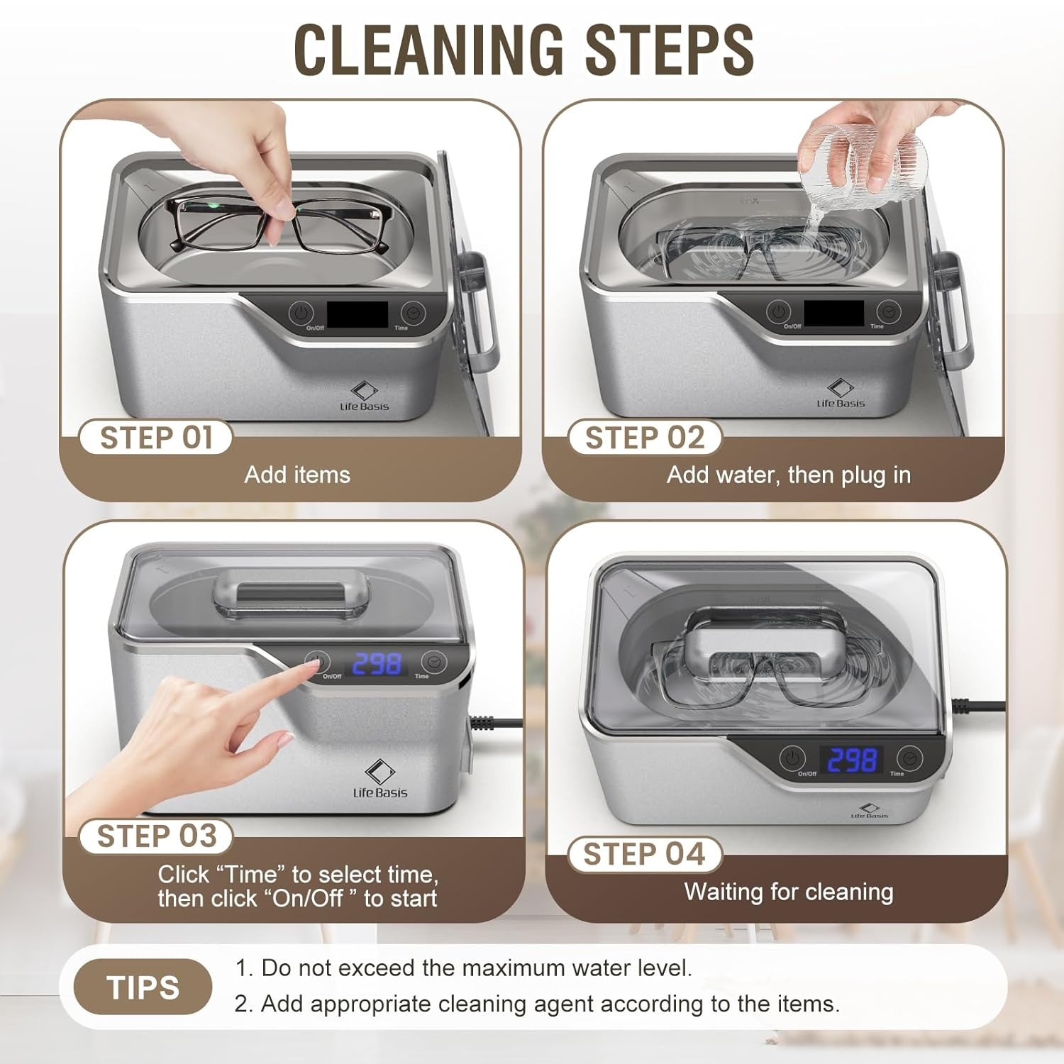 Ultrasonic Jewelry Cleaner 600Ml 42,000 Hz with Digital Timer and Cooling Fan for Cleaning Jewelry Eyeglasses Earrings Rings Necklace Coins Razors Dentures Combs Tools Silver image number 3