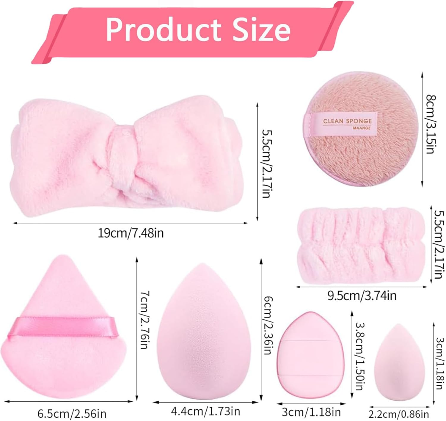 20Pcs Powder Puff and Makeup Sponges Set, Reusable Face Makeup Sponge Blender with Strap, Wet/Dry Use for Foundation & Powder, Fluffy Bow Headband and Wrist Absorbent Wristband, Used for Washing Face and Skincare (Pink) image number 1