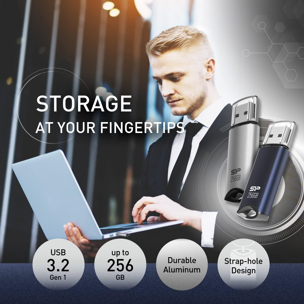 Silicon Power 256GB USB 3.0 Flash Drive, Aluminum Casing Built-In Strap Hole, USB 3.2 Gen 1 USB 2.0 Thumb Drive Pen Drive Memory Stick, Dark Blue, Marvel M02 Series