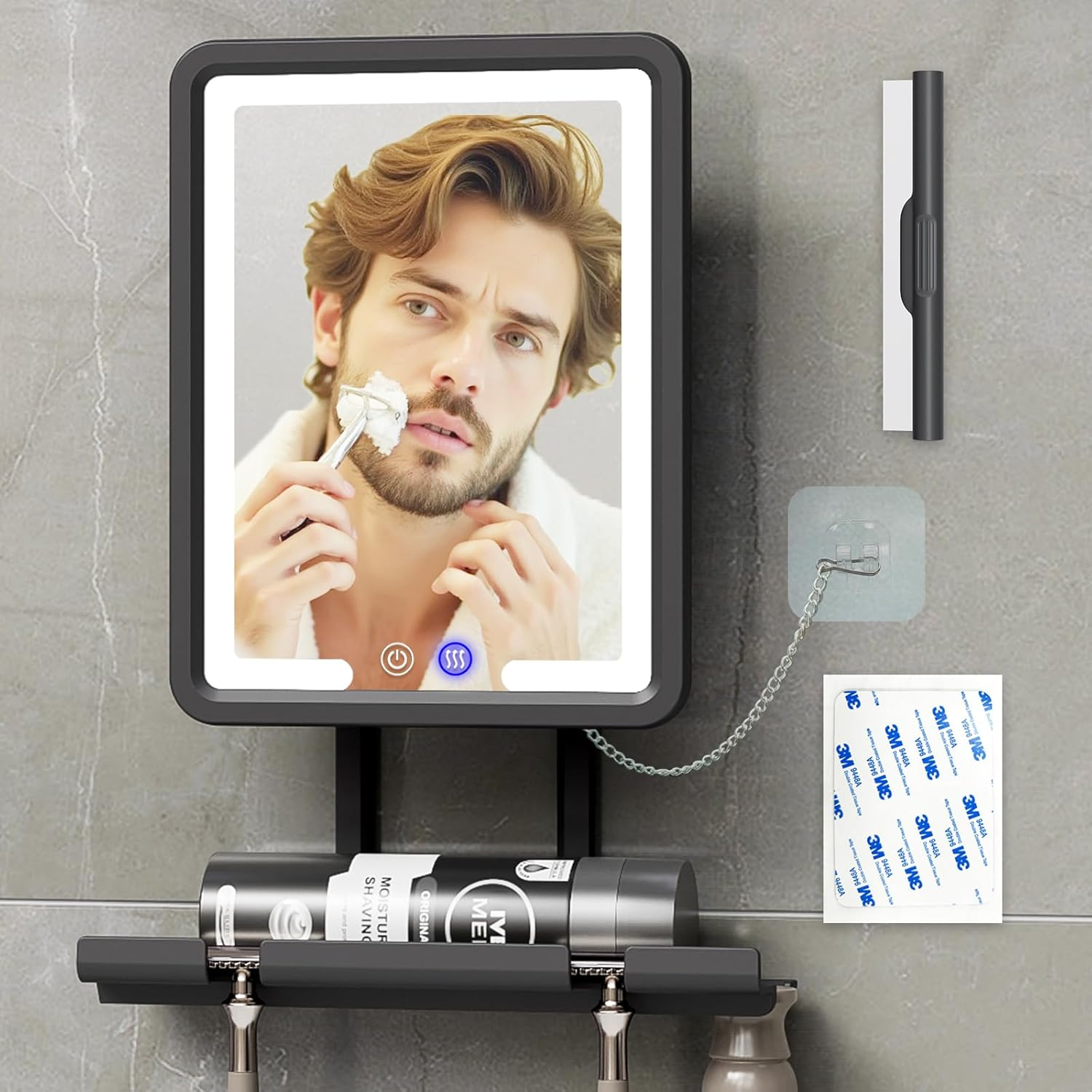 Bgick Lighted Anti-Fog Shower Mirror for Shaving - 3 Color Modes Dimming Fogless with Light, 360&deg;Rotation, Rechargeable Shower Mirror with Storage Tray & Razor Holders & Shaving Brush Holders (Grey)