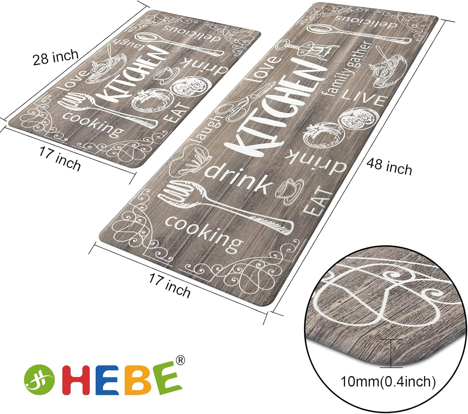 HEBE anti Fatigue Kitchen Rug Set of 2 Non Slip Cushioned Kitchen Mats for Floor Waterproof Comfort Kitchen Rugs and Mats Farmhouse Chef Mats Floor Carpet for Sink,Laundry Room,Brown image number 7