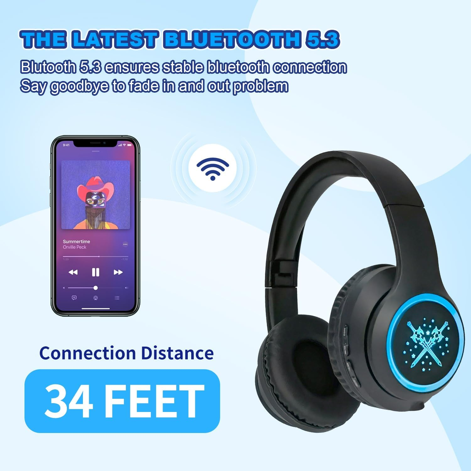 Hisonic Bluetooth Headphones Children, Bluetooth Headphones for Children with Volume Limit, Adjustable Children Adults Headset for Boys and Girls from 3 Years (LED Black) image number 6
