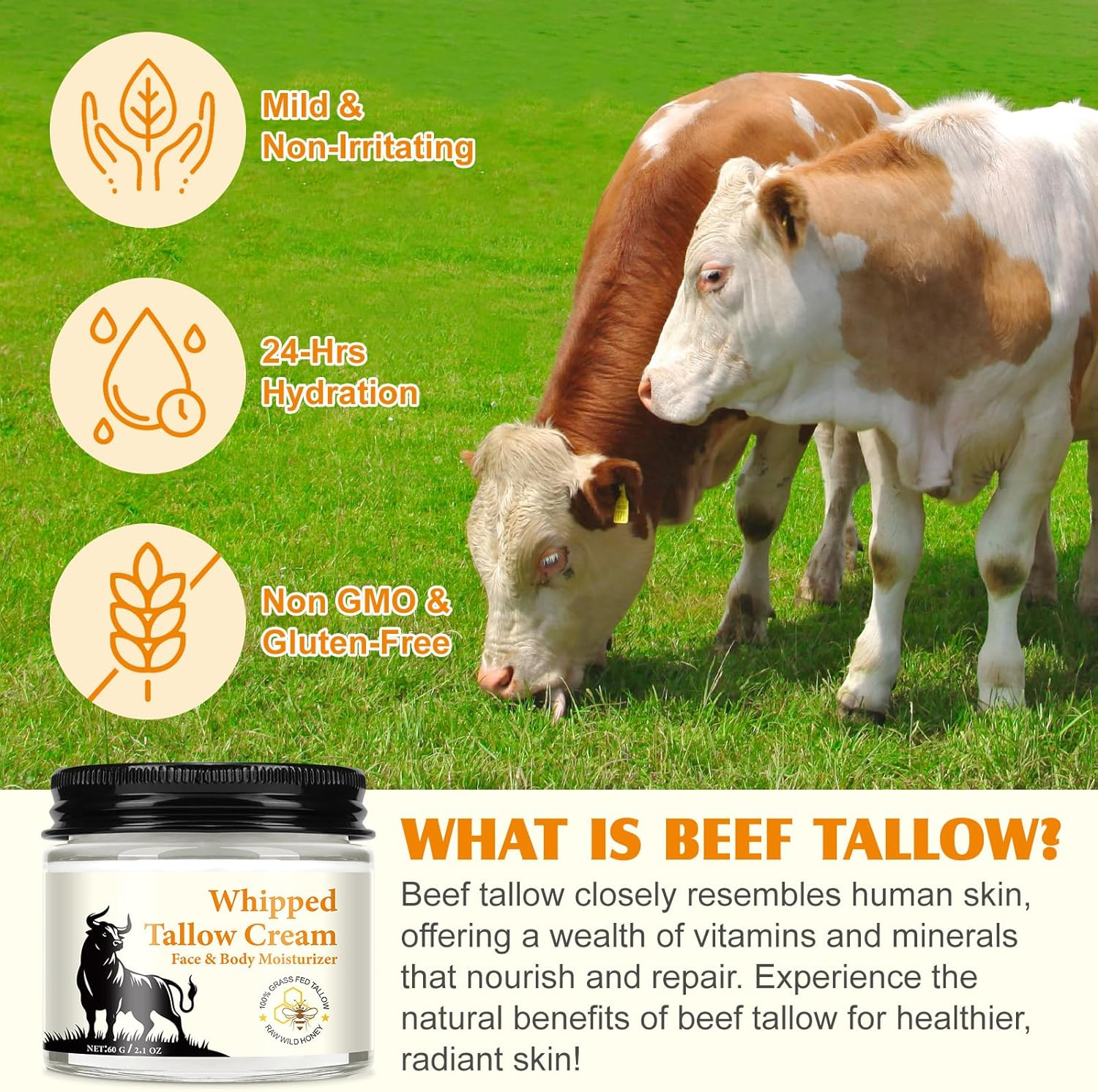 Beef Tallow for Skin, Whipped Tallow & Honey Balm, Organic Tallow Face Moisturizer, Natural Grass-Fed Beef Tallow Cream with Raw Honey for Deep Hydration & Sensitive Skin Care, Suitable for All Skin Types (2.1Oz)