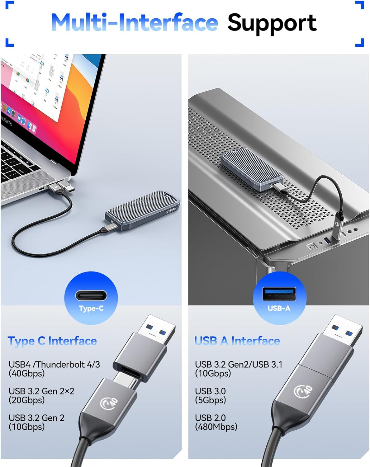 ORICO USB4 40Gbps M.2 SSD Enclosure, Supports up to 8TB M.2 Nvme Ssds, Finned Aluminum Alloy Case, USB-C to USB-A&C 2-In-1 Cable, Plug and Play, Compatible with Thunderbolt 3/4, USB 3.2/3.1/3.0- M2V01 image number 3