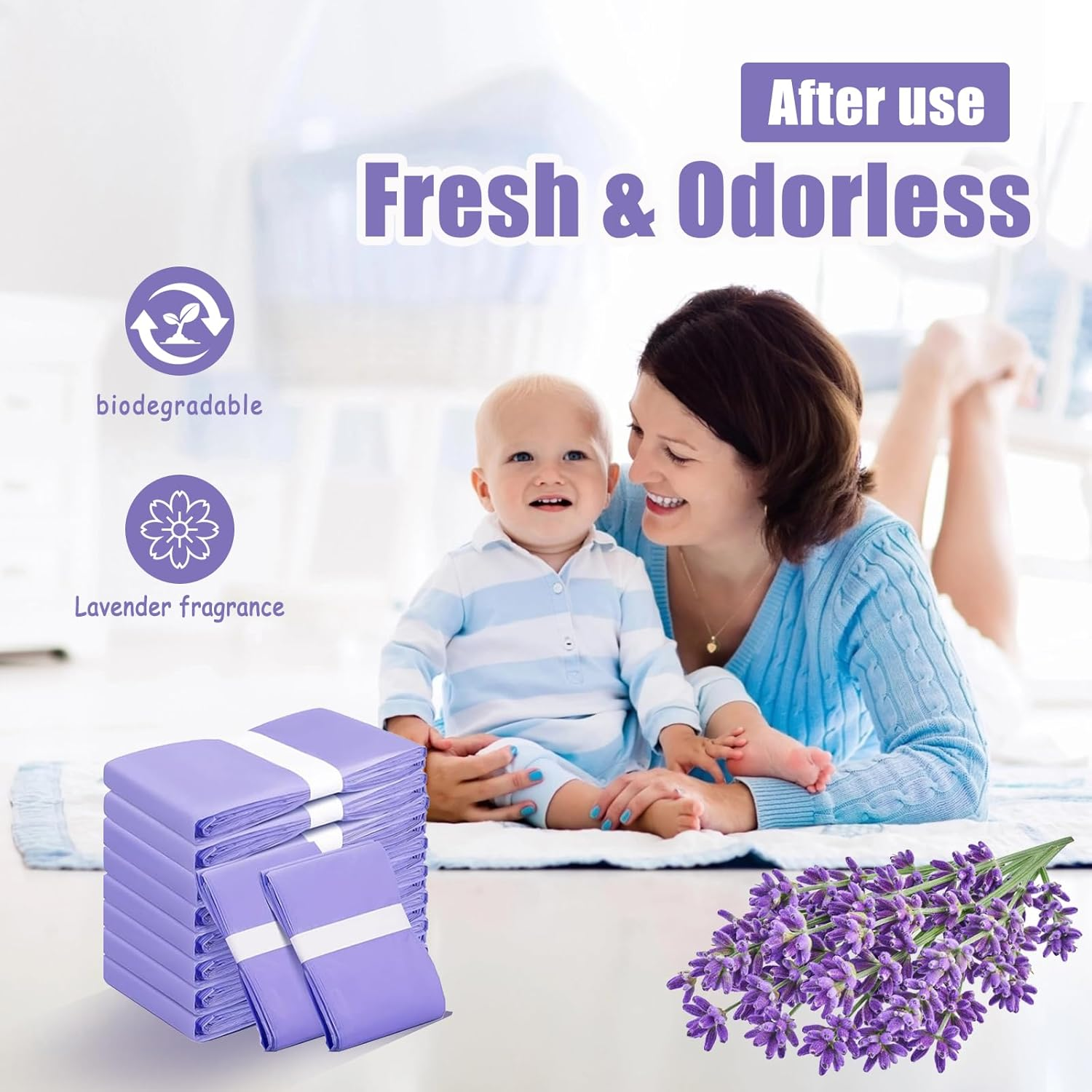 Diaper Pail Refill Bags Compatible with Korbell 16L Nappy Disposal Bin Liners &ndash; 10M per Bag, Odour & Bacteria Lock, Lightly Scented Powder Fresh, for Baby & Adult Use, Purple(4Pc) - 4Pc Purple image number 3