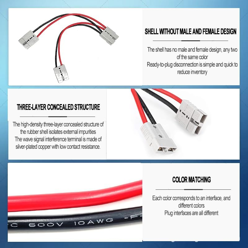 2Pcs Anderson Plug Connector Electric Forklift Charging Plug Large Current 1 to 2 Splitter Quick Connect Disconnect Connector for Battery Harness 300Mm Double Y Extension Adapter 50A Charging Cable image number 1