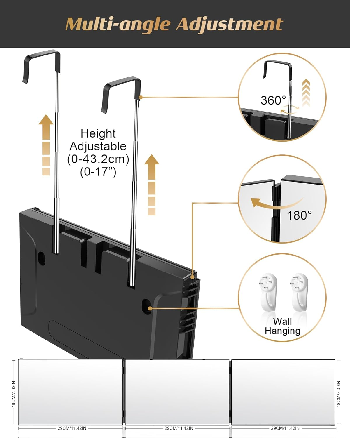 JUSRON 360 Viewing Angle Self Hair Cutting Mirror, Clear Anti-Fog HD Glass (Black without LED with Accessories) image number 6