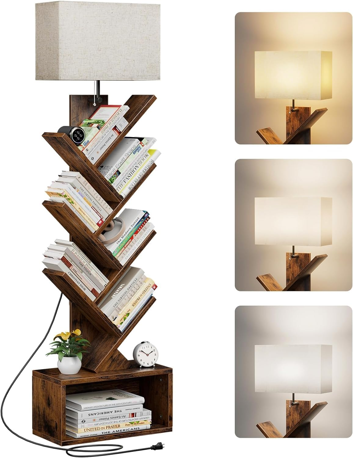 PTEROMYS 6 Tier Tree Bookshelf with Light, Narrow Bookcase Tower, Tall Floor Standing Book Organizer with Storage Cabinet for Living Room, Bedroom and Home Office (Rustic Brown) image number 2