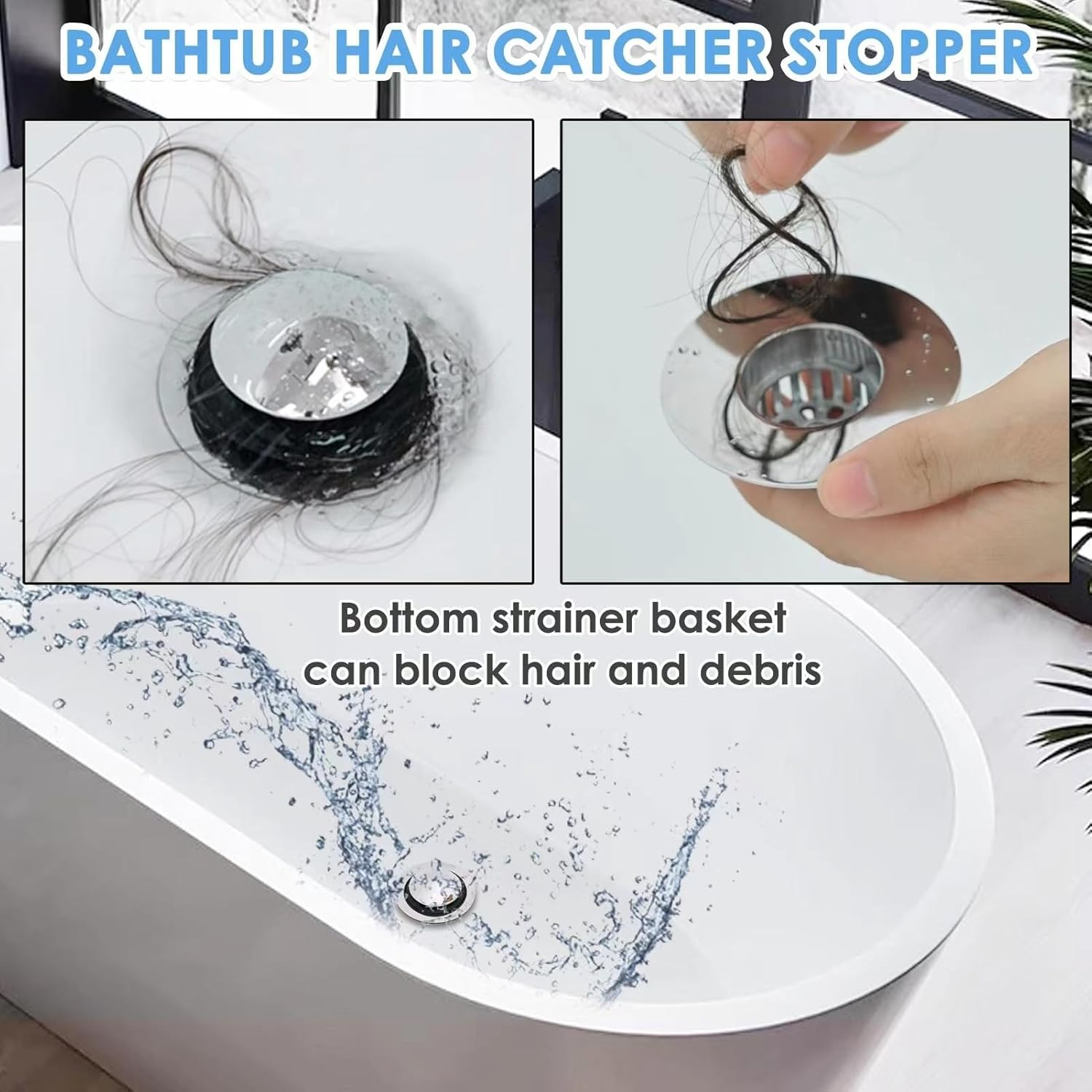 BAOLSLS Bathtub Drain Stopper, Pop up Tub Drain Hair Catcher, Bath Tub Drain Plug and Cover for 1.45-1.8In Drain Hole, Replaces Lift and Turn, Tip Toe or Trip Lever, Silver image number 1