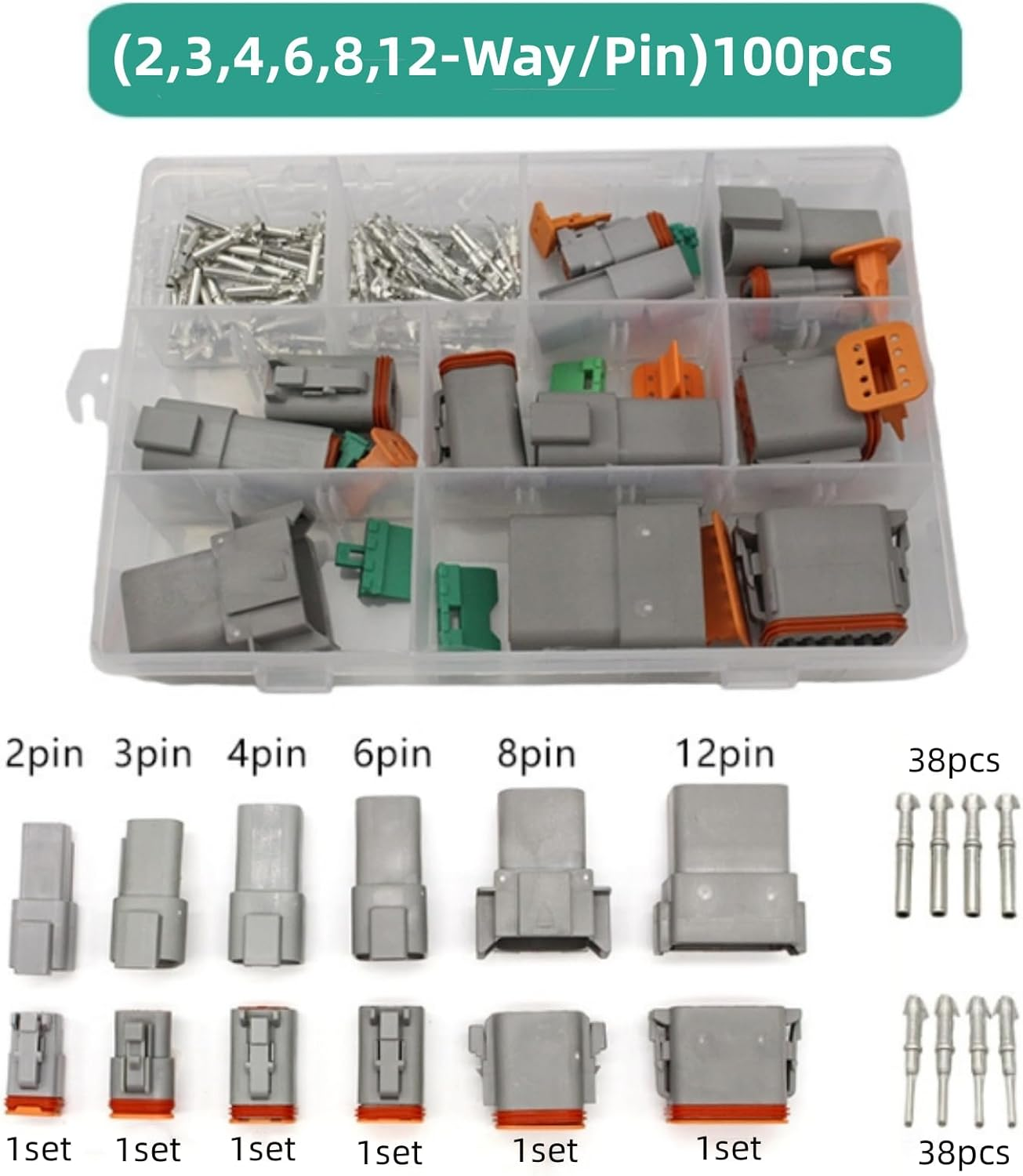 MTJNYZA 100Pcs Deutsch DT Male/Female Electrical Car ​Connector Plug Kit (2,3,4,6,8,12-Way/Pin) Car Waterproof Male Connector & Wiring Harness Male and Female Pair Plug-In Combination Box. image number 3