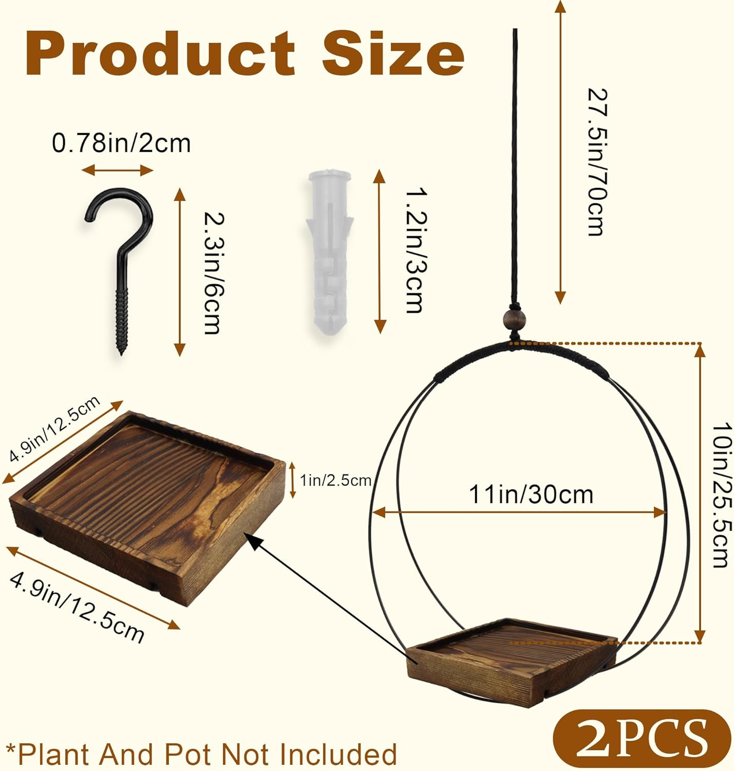2 Pack Hanging Plant Holder, Metal Wall Hanging Planter with Wood Base, Plant Hangers Indoor, Hanging Flower Basket for Outdoors, Swinging Plant Pot for Room Ceilings Window (Brown) image number 3