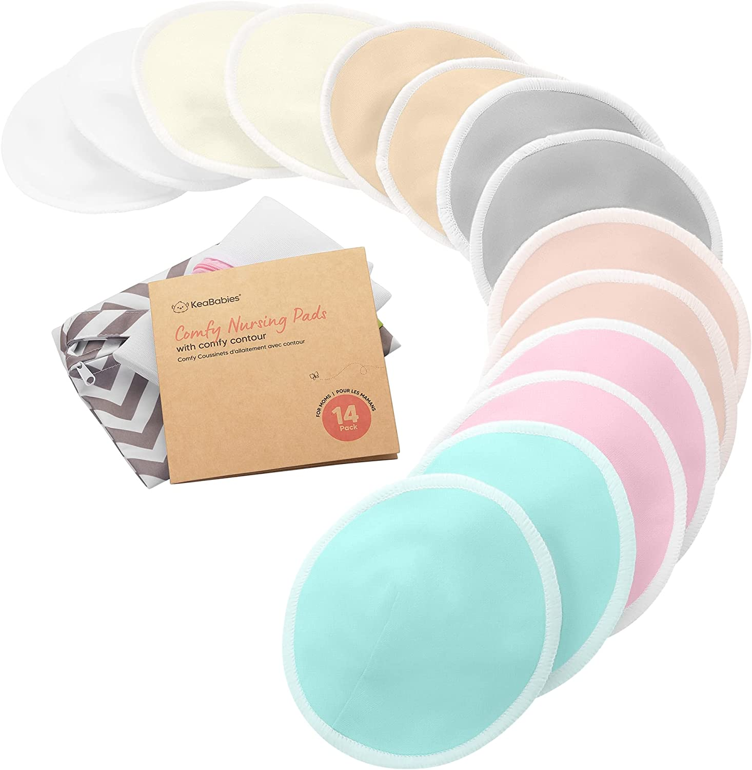 14-Pack Organic Bamboo Nursing Pads - Reusable Breast Pads for Breastfeeding, Nipple Pads, Washable Nursing Pad, Breastfeeding Pads for Leaking, Breast Milk Pads, Bra Pads (Pastel Touch, Large 12Cm) image number 6
