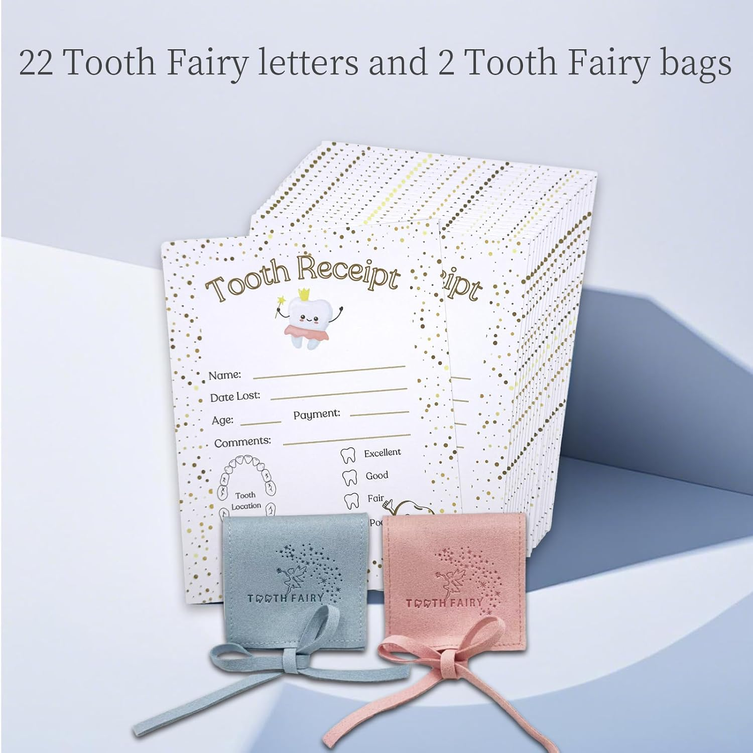 22 Pack Tooth Fairy Receipts with 2 Tooth Pouches (Pink and Blue Each), Tooth Fairy Kit for Kids, Tooth Keepsake Gifts for Boys and Girls, Lost Tooth Gift image number 3