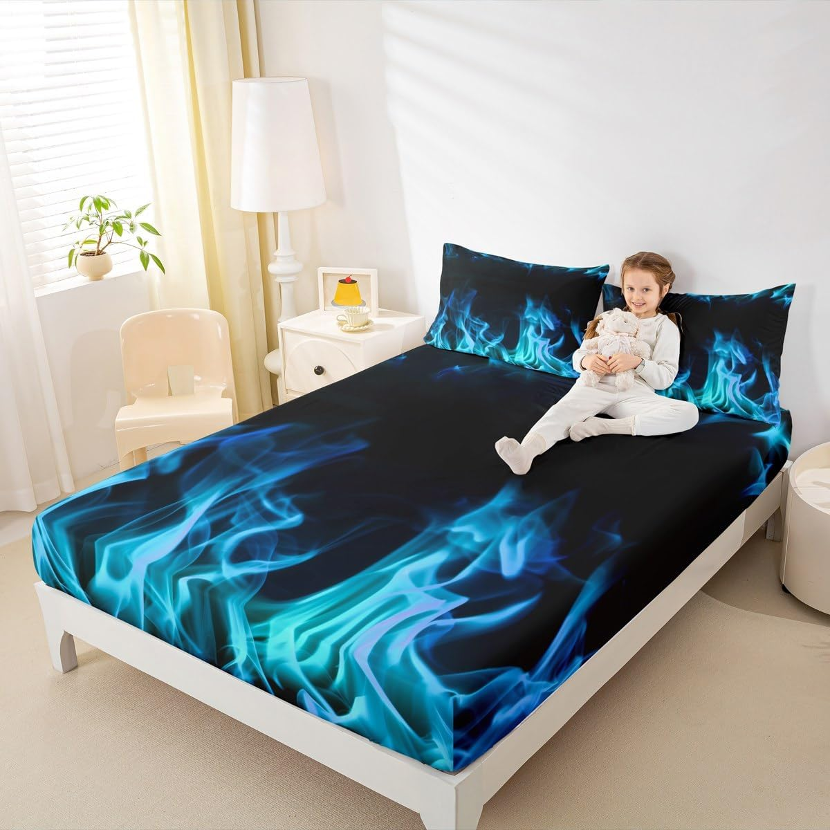 Blue Flame Bed Linen Set M Size, Cool Burning Flames Fitted Sheet Children Boys Men Teens Room Decor, Modern Fashion Comforter Cover Soft Black Deep Pocket Sheet, 1 Pillowcase image number 5