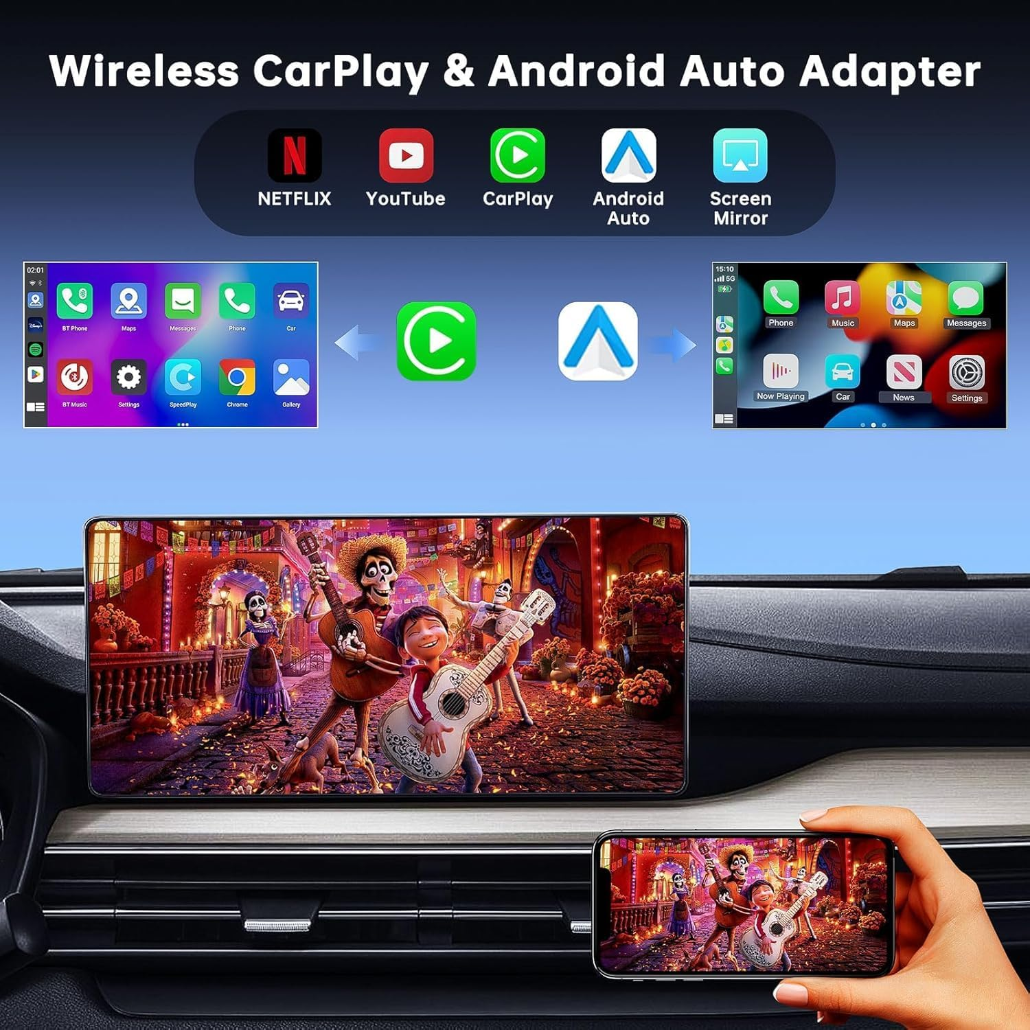 5-In-1 Carplay and Android Auto Wireless Adapter, Wireless Carplay Adapter with Netflix Youtube TF Card, Plug & Play, Easy Setup, Magic Video Ai Box for OEM Wired Apple Car Play Cars image number 3