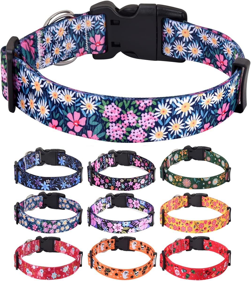 HQYDDMI Dog Collars with Floral Print, Soft Comfortable Adjustable Collars for Small Medium Large Dogs, Floral Pattern for Girl Boy Dogs(Pink Floral,L)