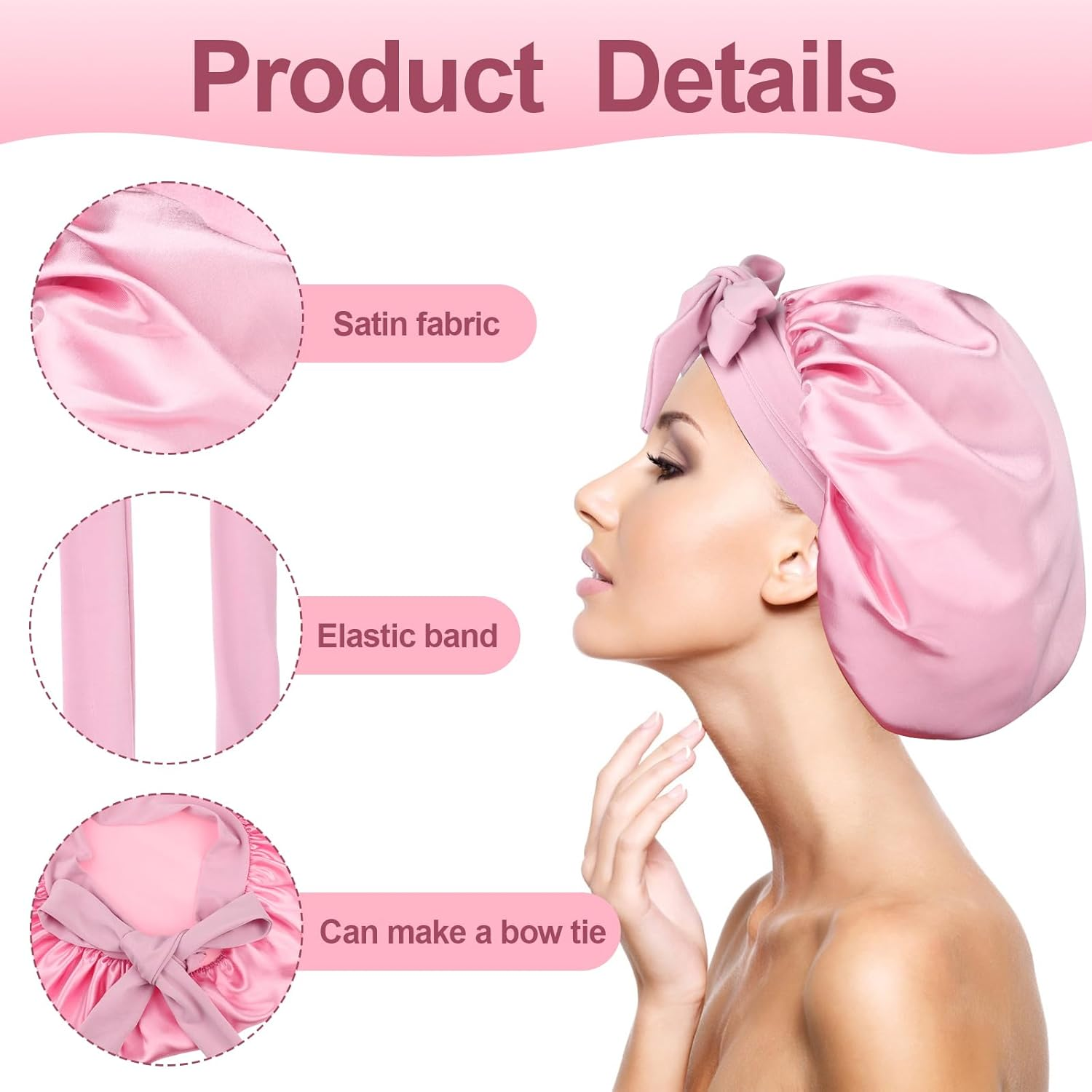 LIQWEI Pack of 2 Satin Hair Caps, Sleep Cap, Satin Adjustable Night Sleep Hat, Hair Cap for the Night, Soft Head Cap, Sleep Cap with Elastic Band for Women and Girls (Black Pink) image number 2