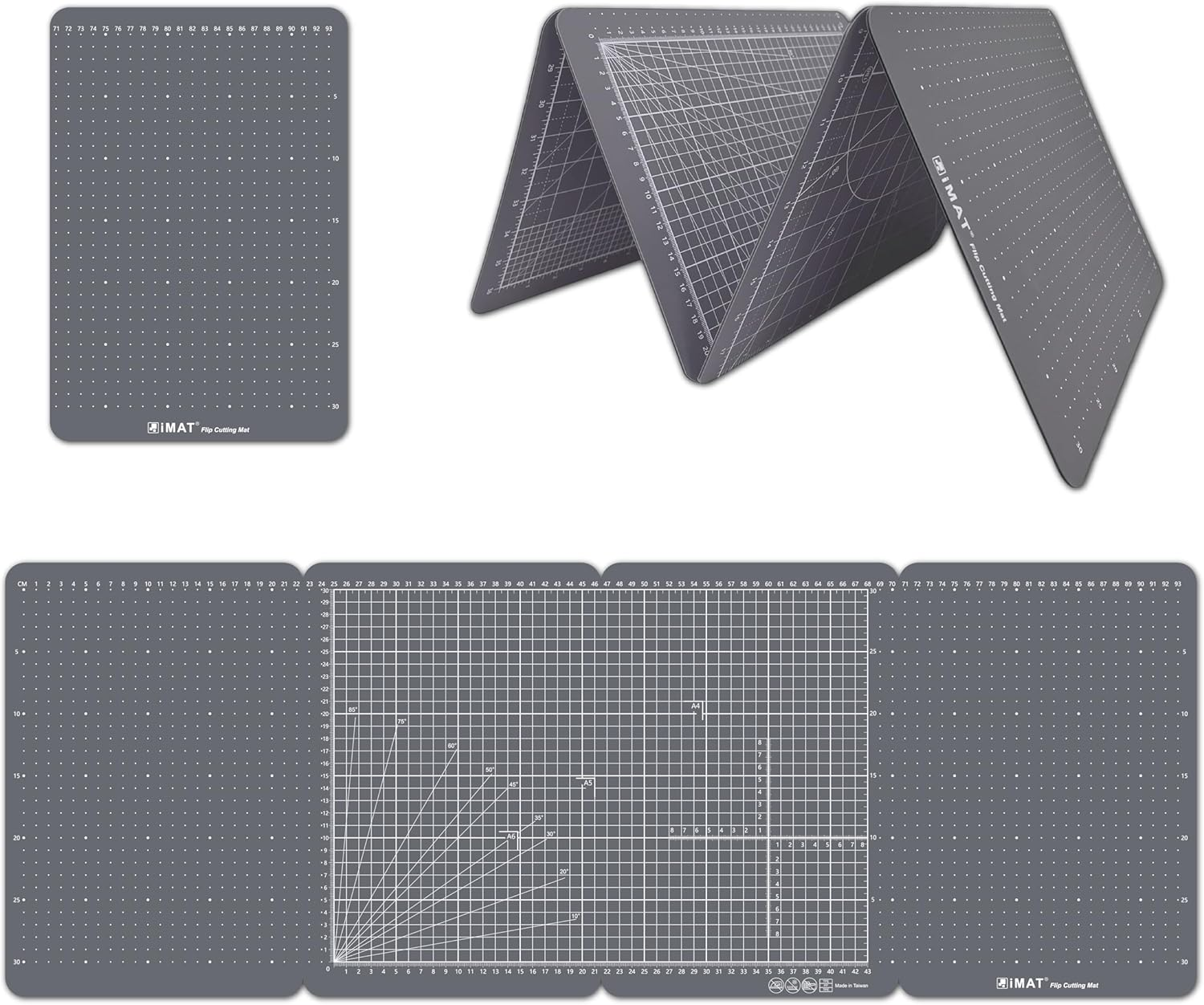 Imat Flip Cutting Mat M Type &ndash; Foldable to A4-Like Size (24&times;35 Cm), Expands to 96&times;35 Cm, Double-Sided (Inches/Cm Scale), Ideal for Craft Projects (Ash Grey)