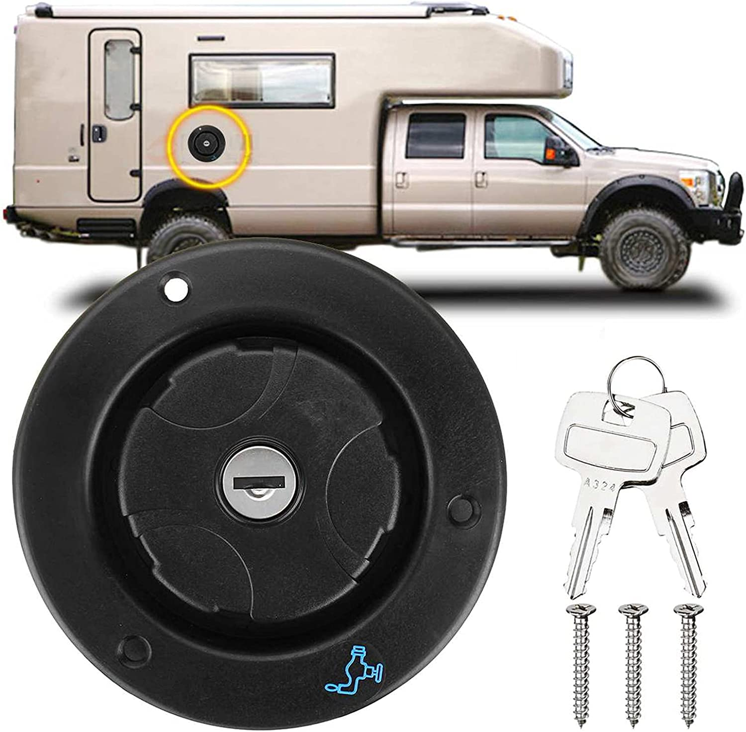 RV Water Fill Hatch, RV round Freshwater Gravity Fill Hatch Inlet Leakproof Black Water Filler Cap Lockable Water Filling Port with 2 Keys Fof RV Caravan Motorhome Trailer Camper image number 1