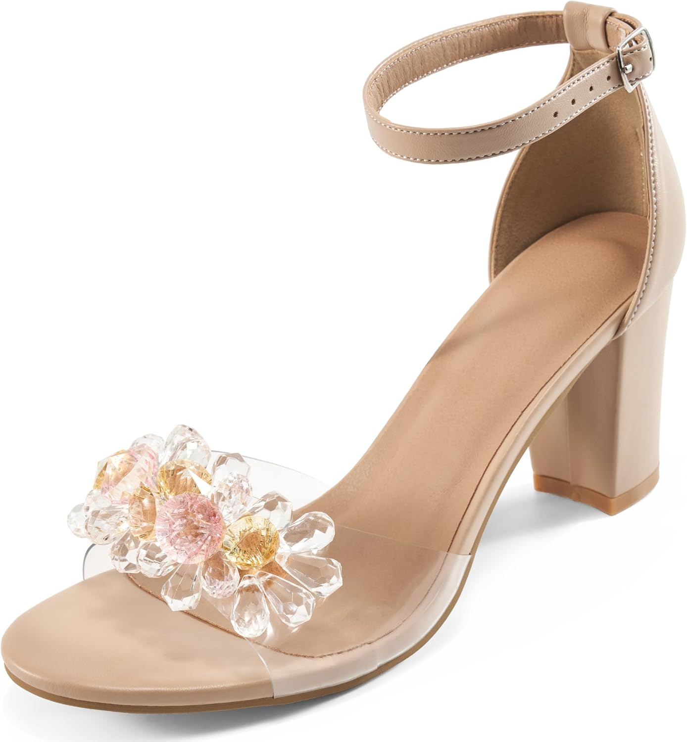 Aomigoct Chunky Heels for Women Wedding: Black 8 Dressy Comfortable High Heeled Sandals for Fashion Bridal with Crystal Decor