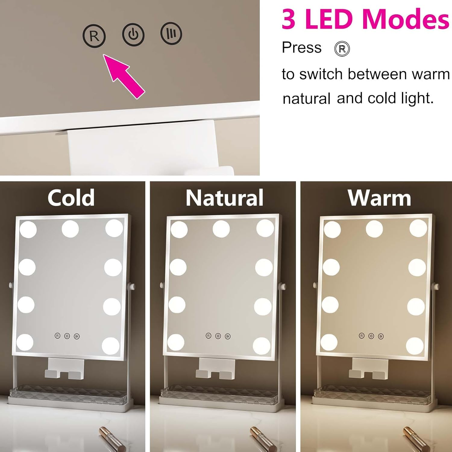 Hollywood Mirror Square Vanity Makeup Mirror Adjustable LED Lights with Storage Drawer Mobile Phone Holder 10X Magnifying Mirror