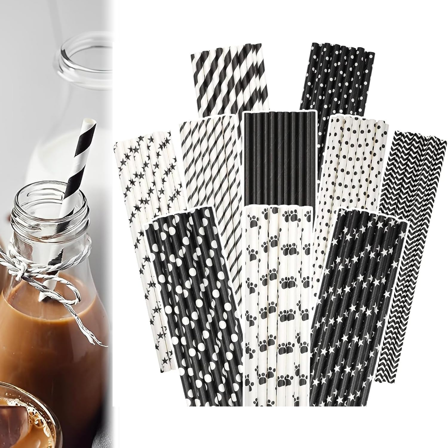 100 Pcs Paper Drinking Straws, Biodegradable Paper Straws for Juice, Shakes, Cocktail, Coffee, Milkshakes, Soda, Smoothies (A)