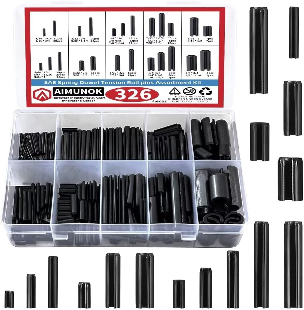 326PCS Roll Pin Set - 24 Sizes Spring Dowel Tension Roll Pins - 1/8 1/4 3/8 1/16 5/64 3/32 5/16 5/32 7/32 Split Expansion Pin Assortment Kit for Home Improvement