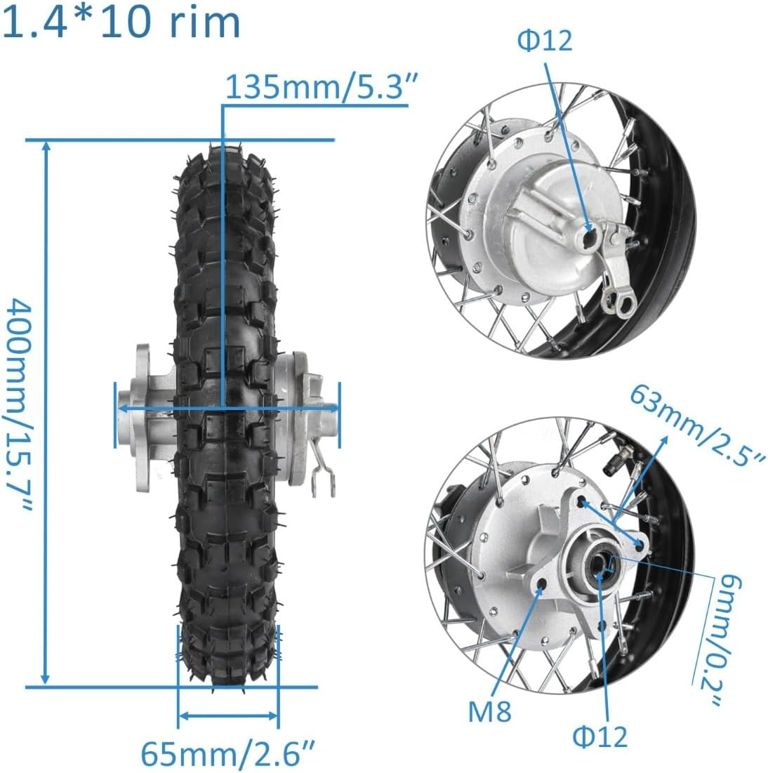 2.50-10 10" Inch Rear Back Drum Brake Wheel Tyre Tire and Rim 1.4 X 10 with 12Mm Bearing &420 Sprocket Pit Dirt Bike for Honda CRF50 Yamaha TTR50 PW50 image number 1