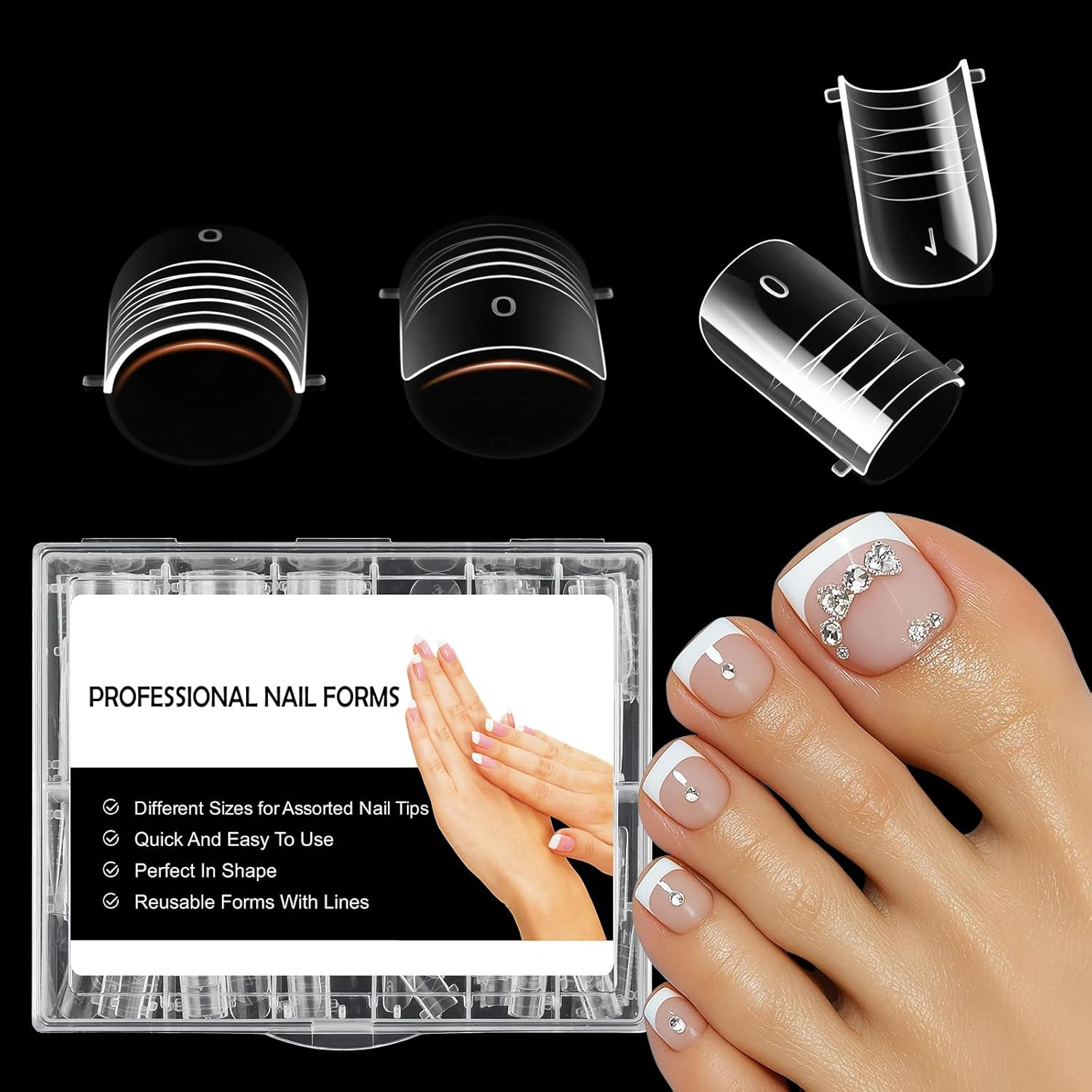 BNG Pack of 120 Poly Gel Nail Shapes for Toes, 12 Sizes, Long Square Double Shapes for Polygel Pedi Nail Extension, Poly Gel Toenails Set, Reusable Toenail Tips Shape, Clear image number 6