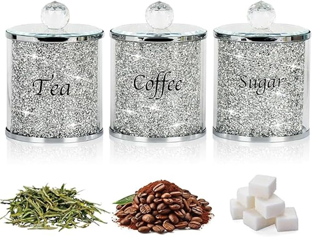 3 Pack Diamonds Canisters Set, Decorative Coffee Tea Sugar Canisters with Crushed Crystal Diamonds, Glass Food Storage Containers, Bling Jar for Kitchen Countertop Decor with Label & Lid