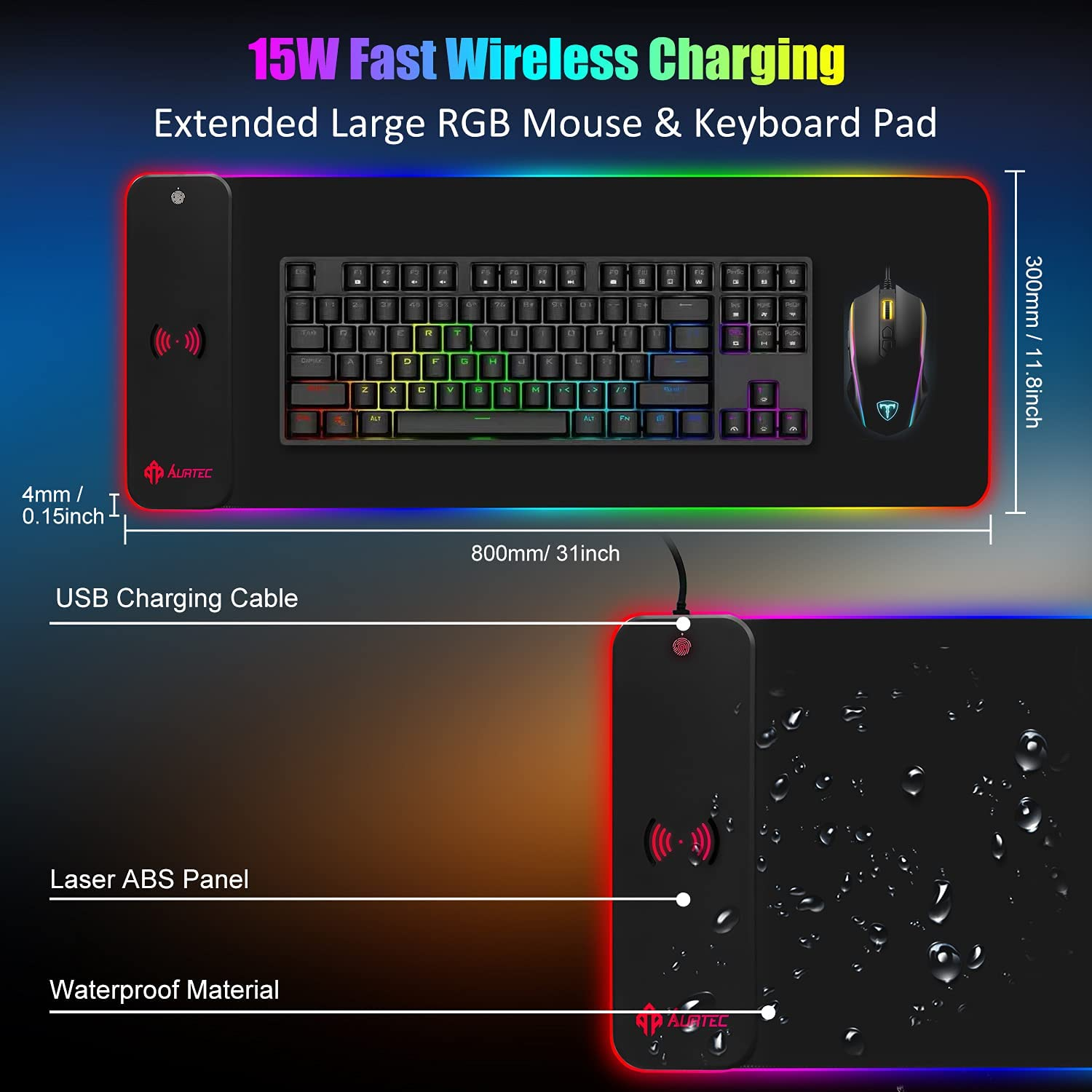 AURTEC RGB Gaming Mouse Pad with 15W Fast Wireless Charging, Extra Large Waterproof and Non-Slip Rubber Base Mouse and Keyboard Mat with 10 Lighting Modes, for Gaming, Working, PC, Mac.
