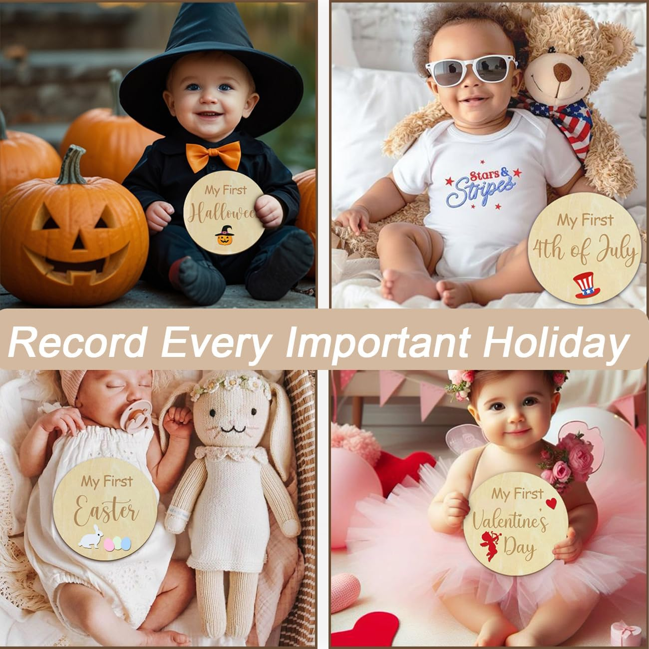 My First Holiday Milestone Child Monthly Card, Baby Announcement Sign & Celebration Board, Hello World Sign, Photo Hinges, Gift and Perfect Keepsake For