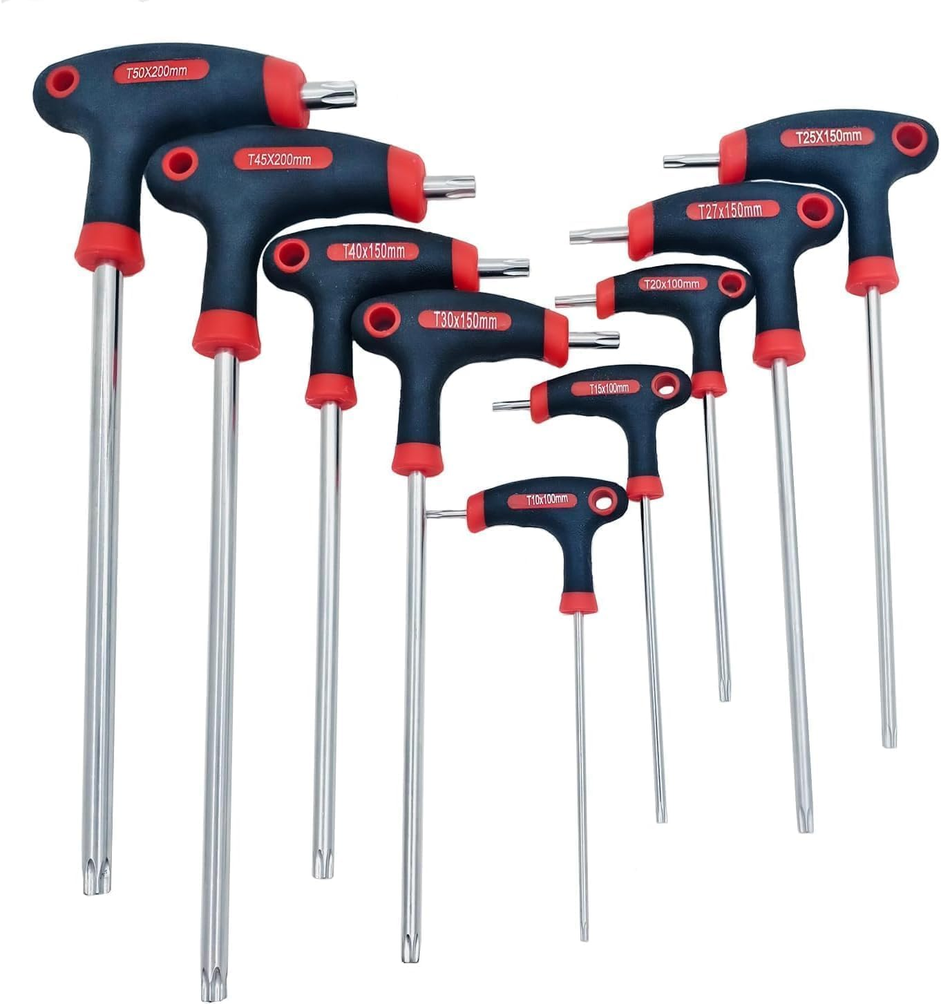 Kewayo9Pcs T-Handle Torx Set, Chrome Vanadium Steel Star Keys (T10-T50), Long/Short Arm Design for Bicycle & Workshop image number 1