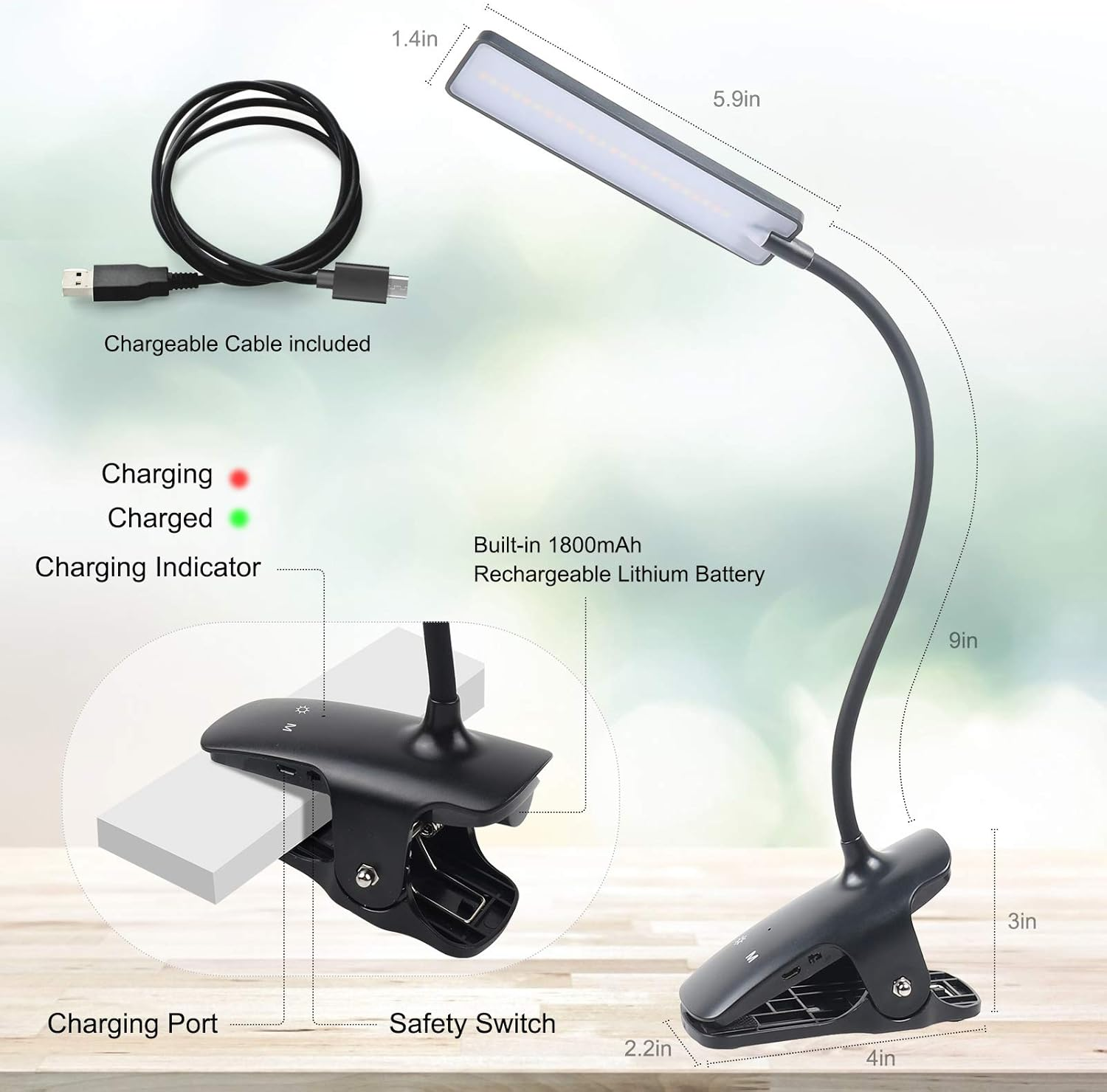 Clip-On 3 Mode 24 LED Book Light for Reading, Eye Care Night Light with Flexible Neck, Touch Control, USB Rechargeable Desk Lamp for Music Stand, Travel (Black)