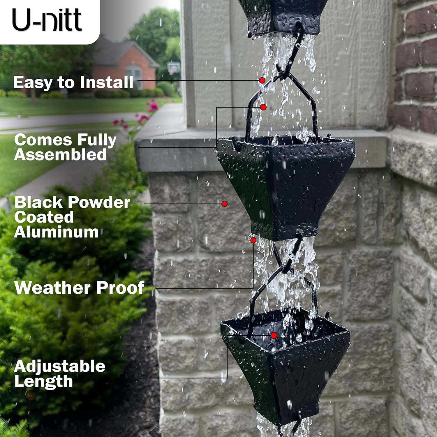 U-Nitt Rain Chain Water Collection for Gutters, Rainwater Catcher & Diverter, 8.5 FT Chains for outside Garden, Black Square Cups, Roof Downspout, Works with Heavy Rain, W/Gutter Clip for Rainchains image number 2