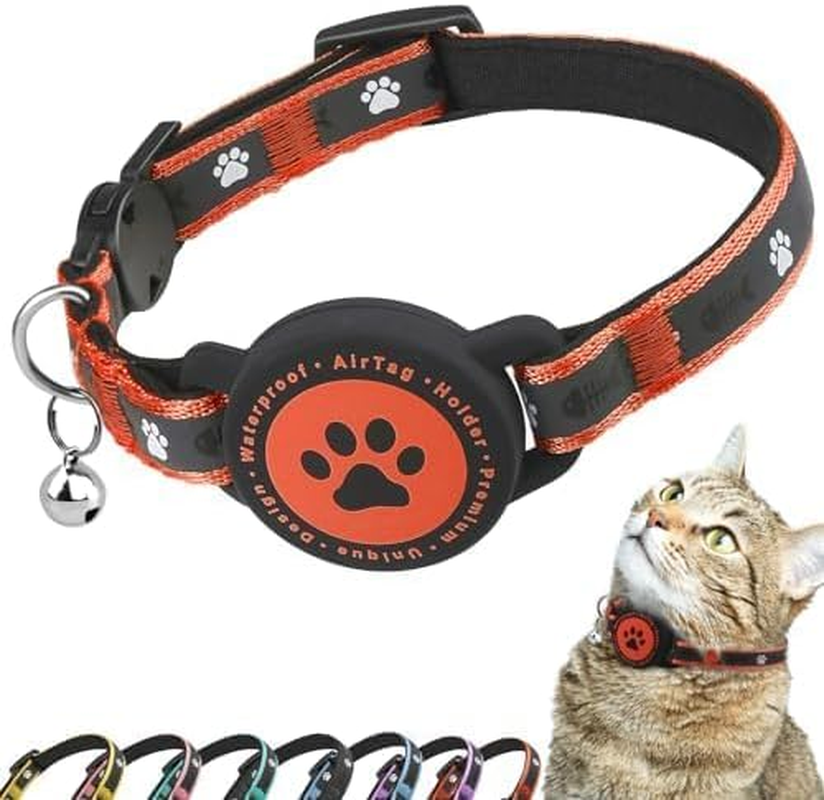 Airtag Breakaway Cat Collar, Reflective Kitten Collar with Airtag Holder and Bell, Comfortable Padding, Adjustable, Durable, Suitable for Cats (Orange, S)