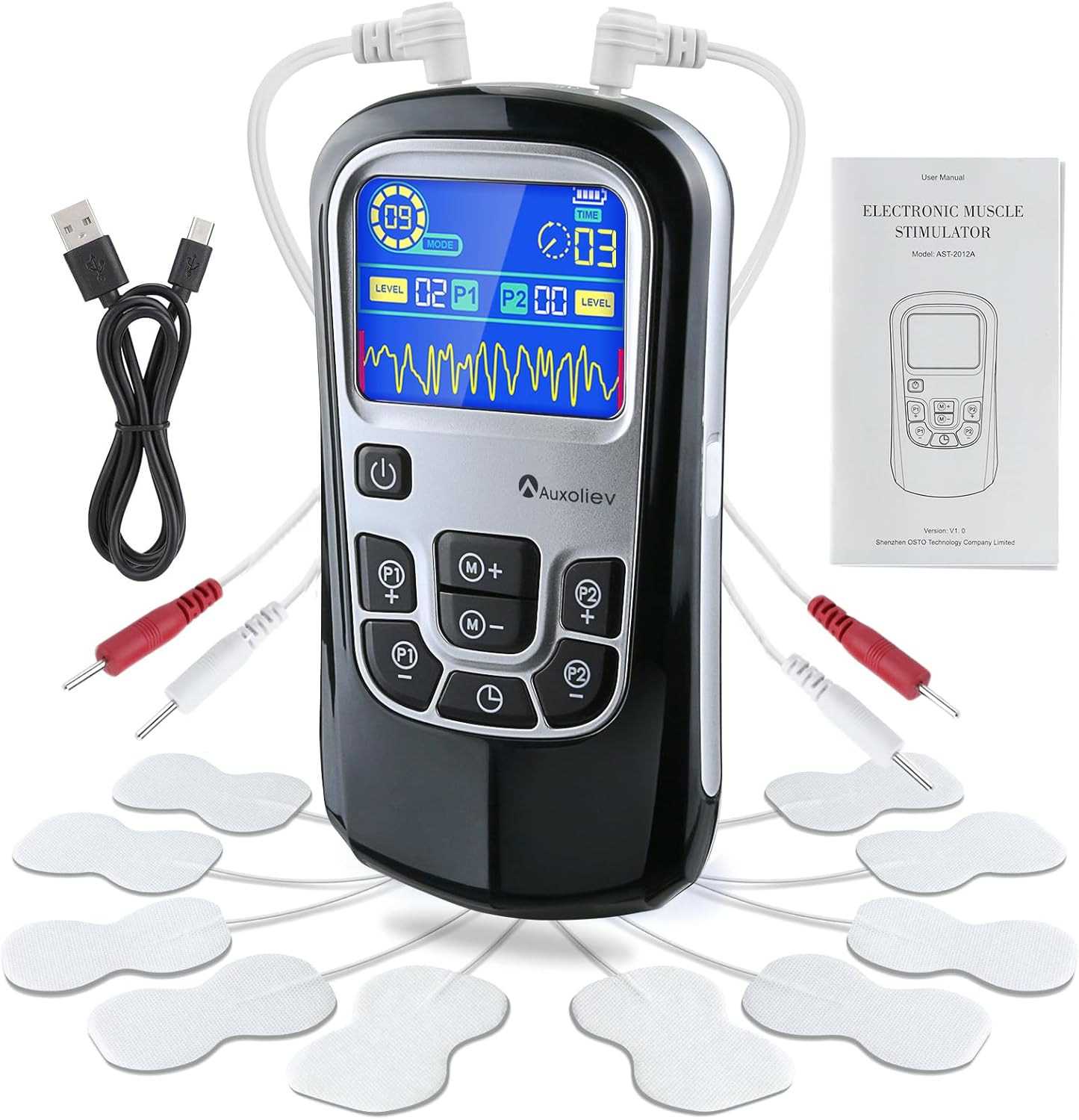 Auxoliev Rechargeable TENS Machine,Ems Muscle Stimulator for Natural Pain Relief with 25 Modes,Tga Cleared Tens Unit with Replacement Pads (Black) image number 3