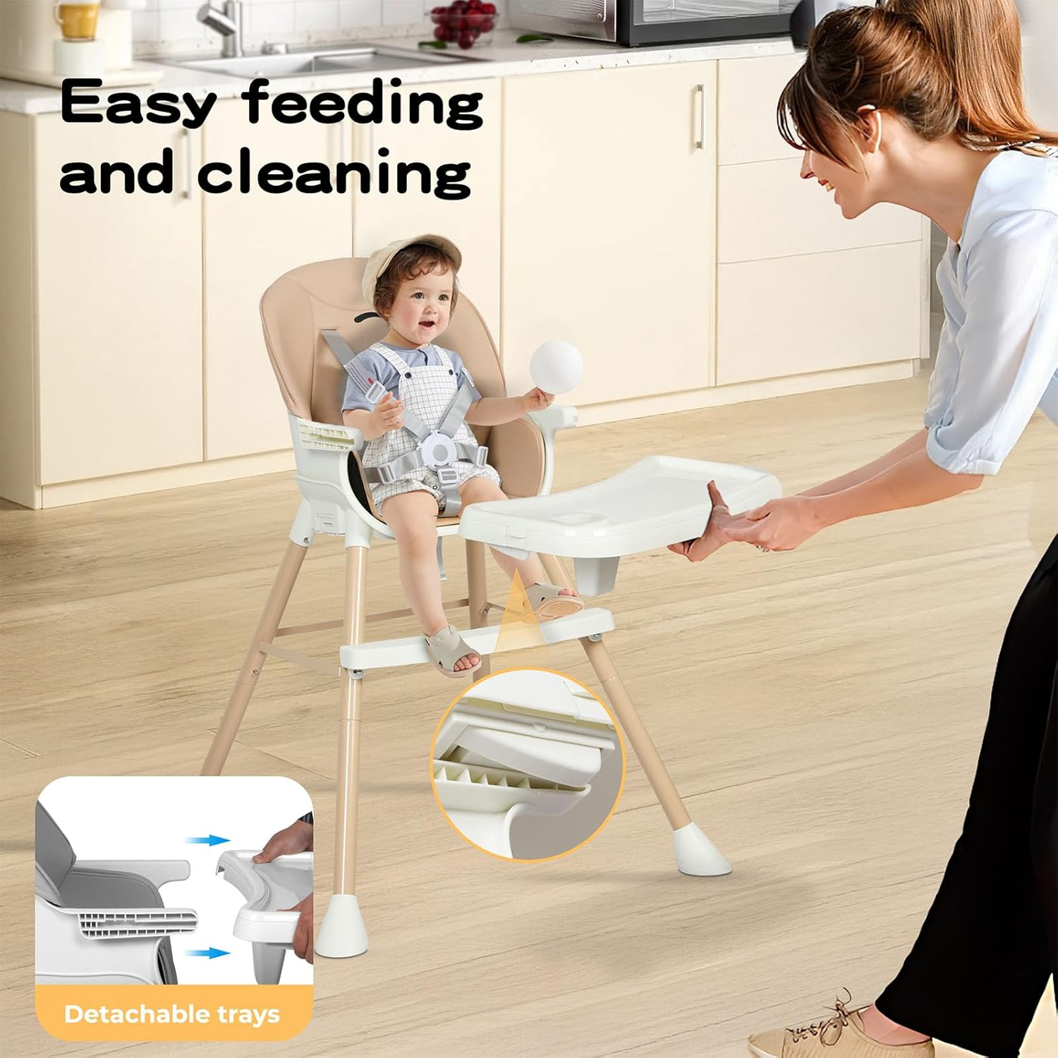 Bopeep Baby High Chair, 6-In-1 Convertible Toddler Chair, Removable Seat and Trays, Adjustable Height, Premium PVC Seat Cushion, Double Trays for Easy Clean, for 0-36 Months Dining(Pink)