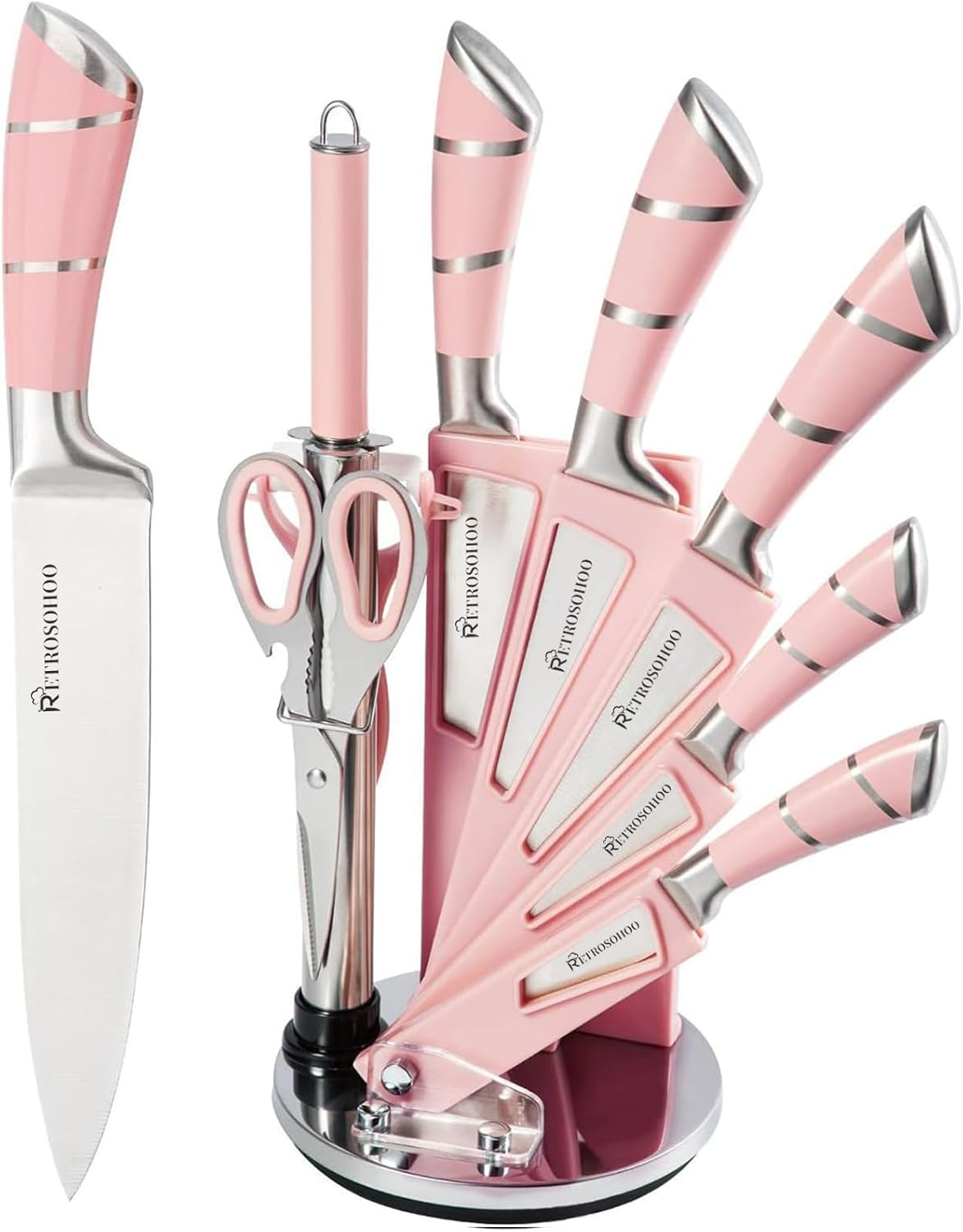 Kitchen Knife Set, 9-Pieces Pink Sharp Non-Stick Coated Chef Knives Block Set,Stainless Steel Knife Set for Kitchen with Sharpener for Cutting Slicing Dicing Chopping (Pink)