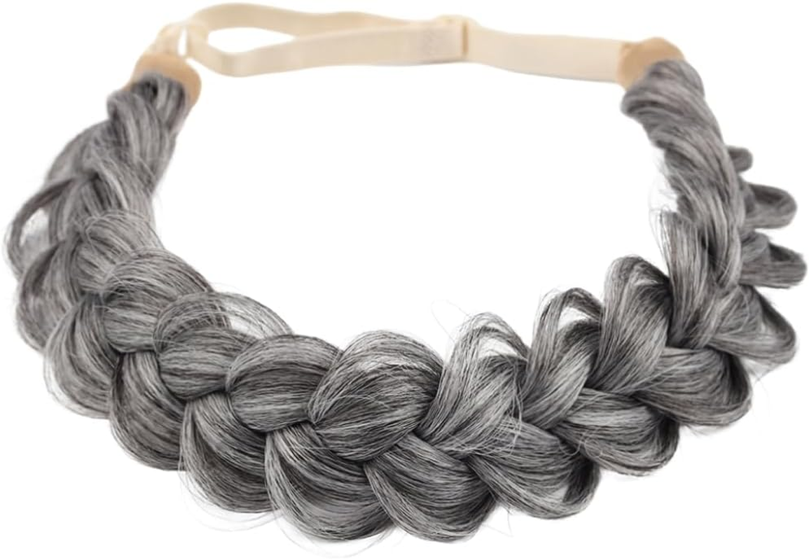 Synthetic Hair Braided Headband Classic Wide Strands Wedding Disorderly Fluffy Braids Wig Band Women Beauty Accessory (Grey, One Size) image number 3
