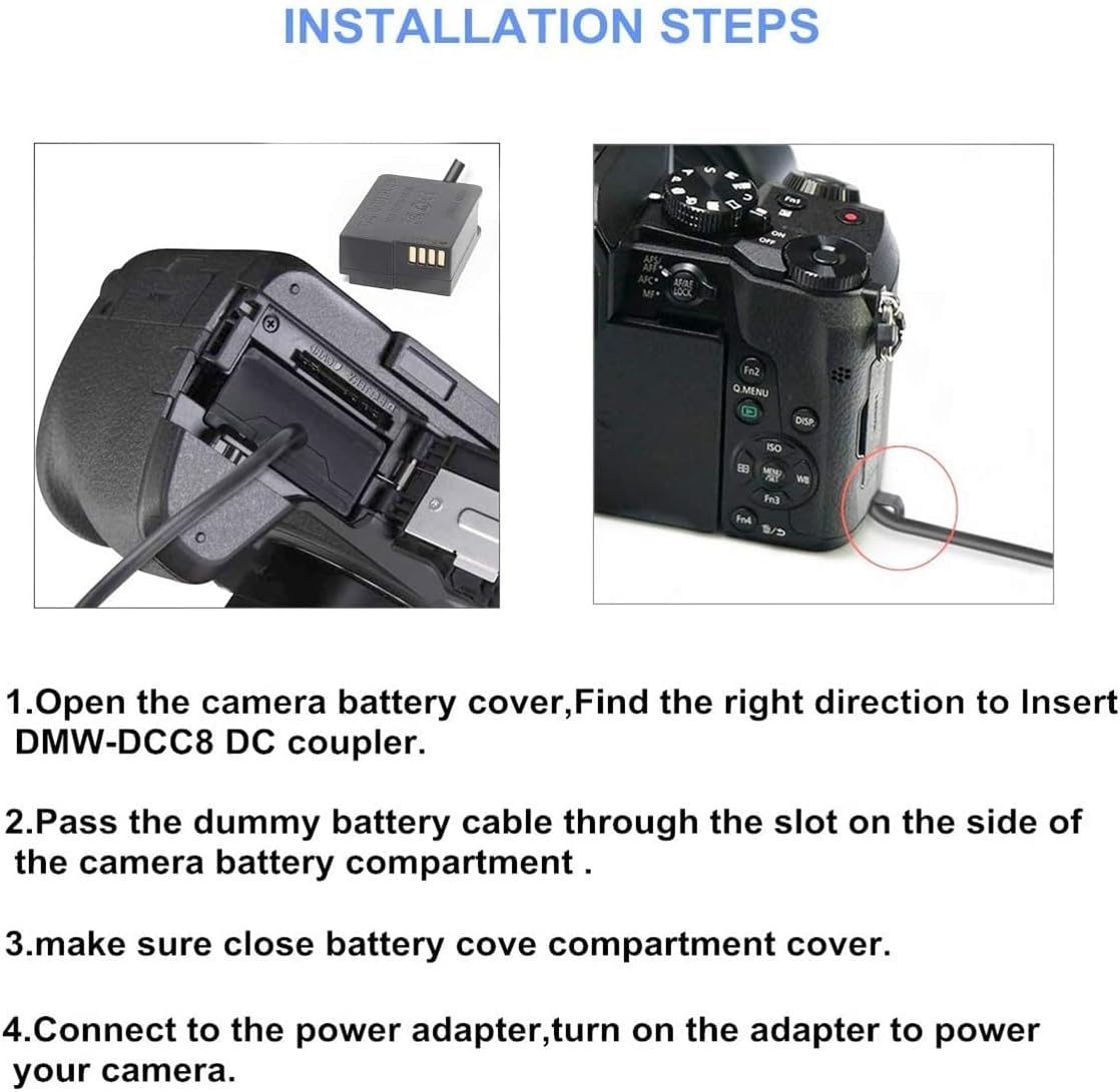 Kimaru DMW-DCC8 DC Coupler DMW-AC10 DMW-AC8 AC Power Adapter DMW-BLC12 Dummy Battery Kit for Panasonic Lumix DMC-GH2 G5 G6 G7 G80 G81 G85 G5X GX8 FZ300 FZ1000 FZ2500 DC-G90 G95 G99 Cameras.