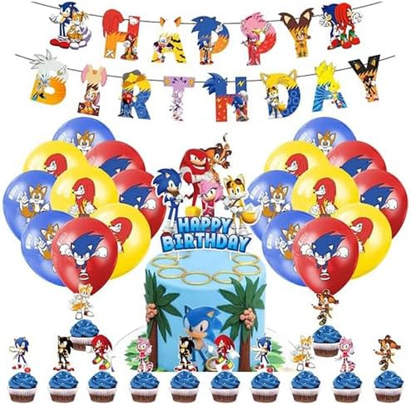 Sonic Hedgehog Birthday Decoration Set - Party Supplies with Balloons, Cake Topper, and Banner image number 3
