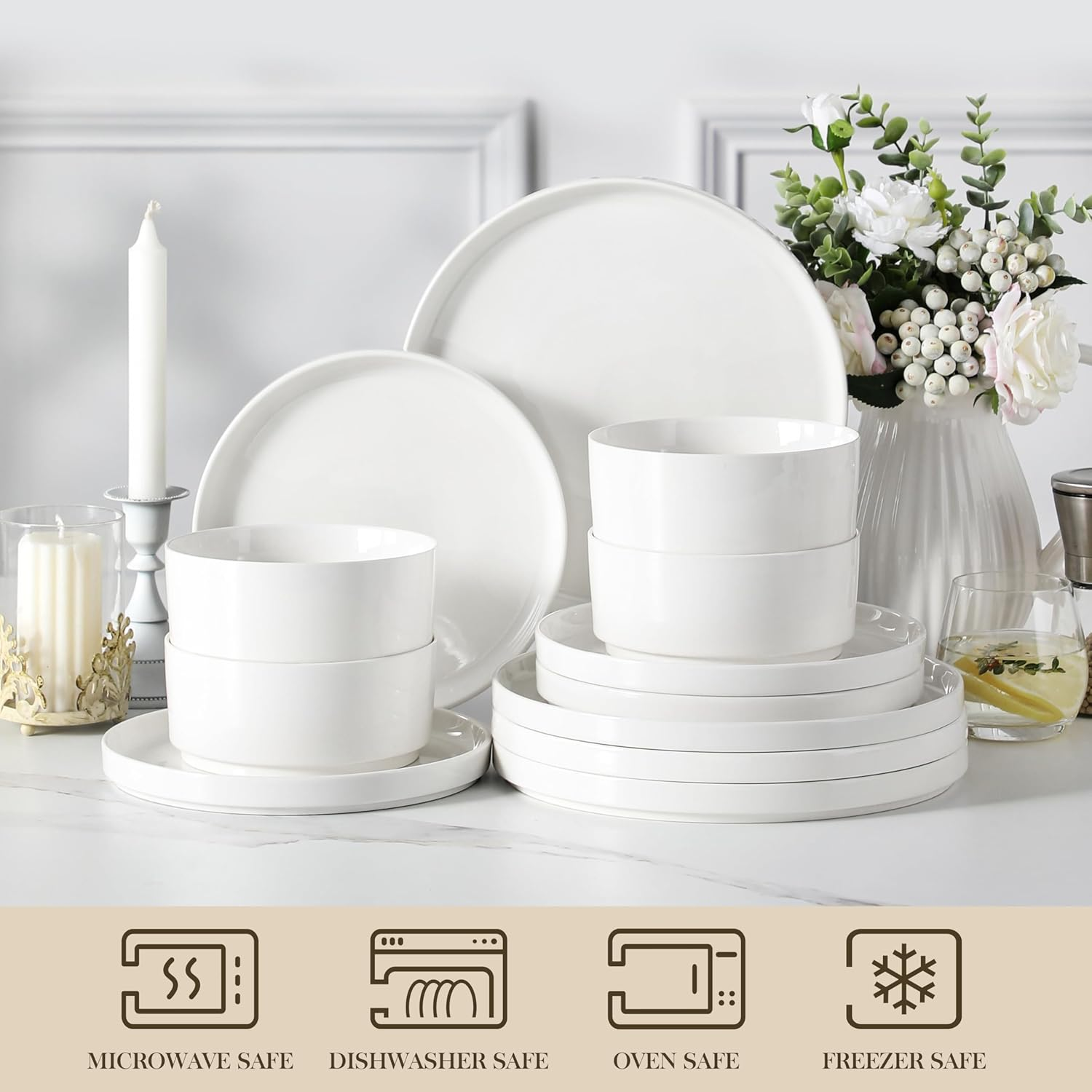 MALACASA 12 Pieces Porcelain Dinnerware Set, Modern White Dish Set for 4, Premium Serving Plates and Bowls Sets, Chip and Scratch Resistant Dishware Sets Kitchen Dishes Dining Ware Set, Series Leah