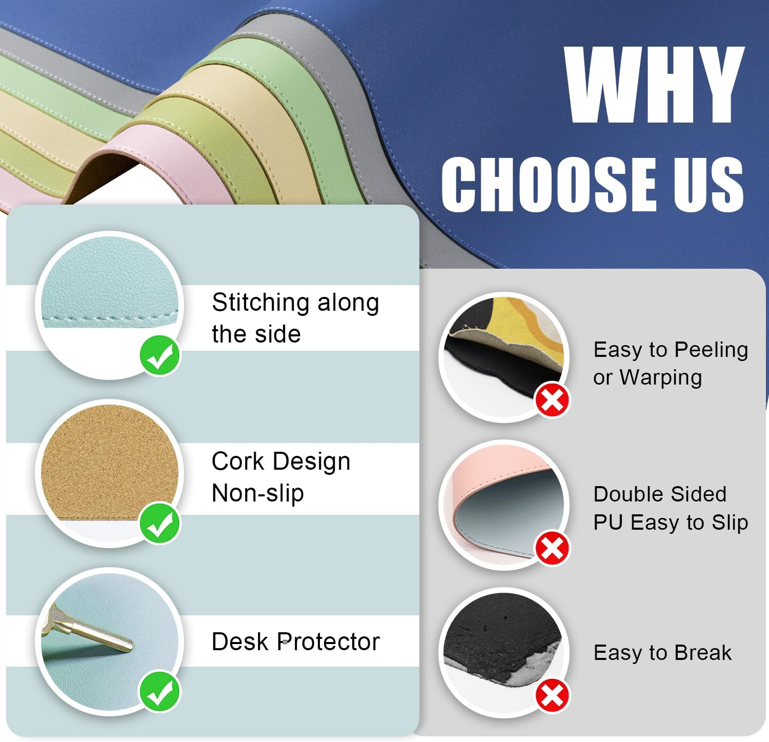 BLESWIN Large Desk Pad - Dual-Sided Cork & Leather, Mouse & Keyboard Mat, Easy Clean, Non-Slip, Office & Laptop Mat (Light Blue, 120X43Cm) image number 3