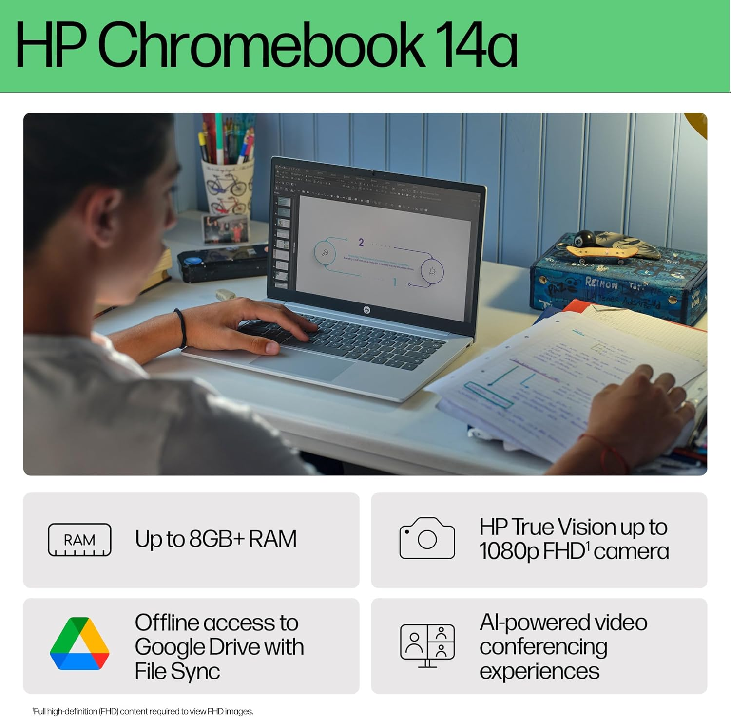 HP Chromebook 14A, 14-Inch HD Display, Intel Processor N100, 4GB RAM, 64GB Emmc, Intel UHD Graphics, Chromeos, Wi-Fi 6E, Bluetooth 5.3, Long Battery Life, Fast Charging, Glacier Silver, A1MT6PA image number 6